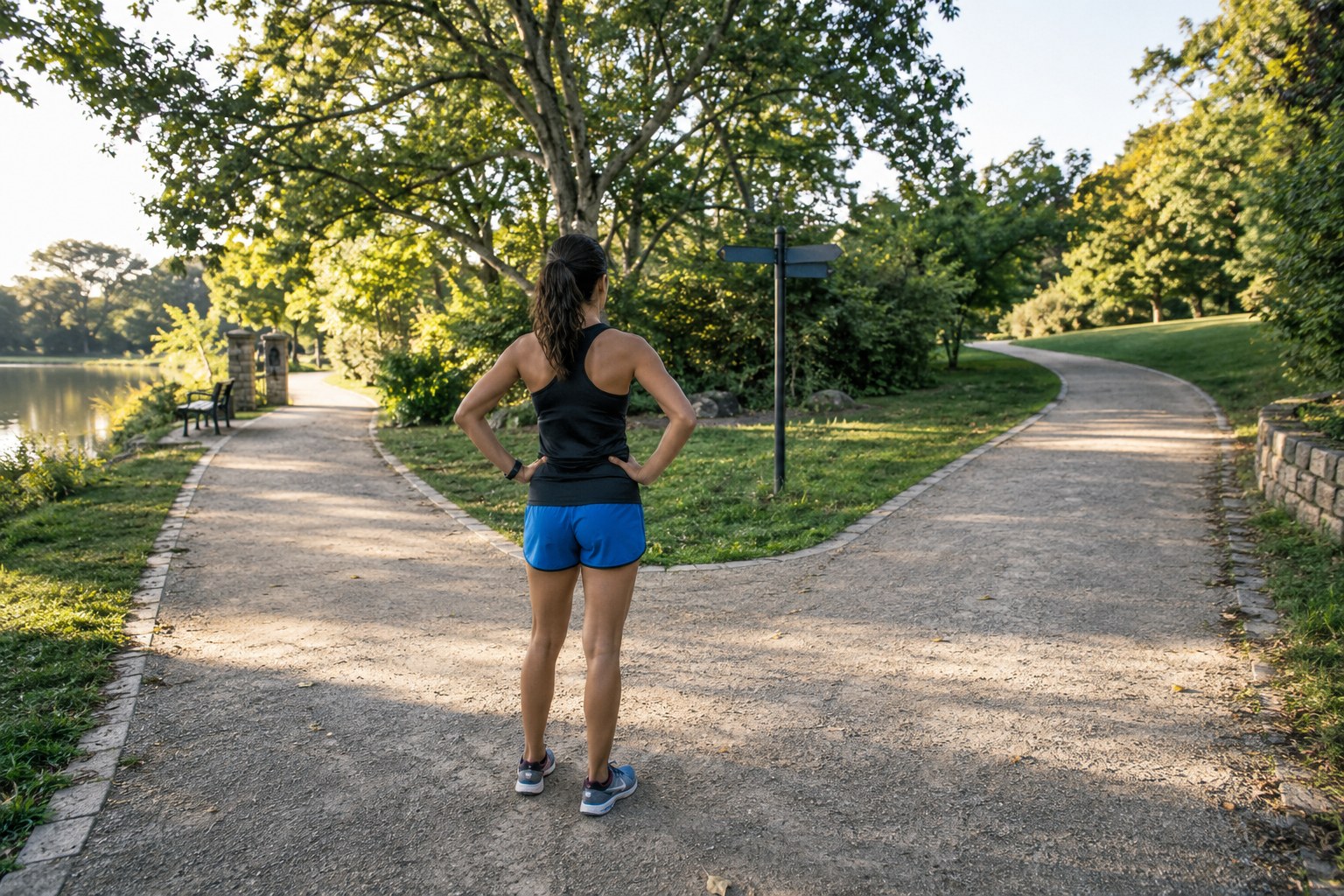 A runner pauses at a fork between two park paths.