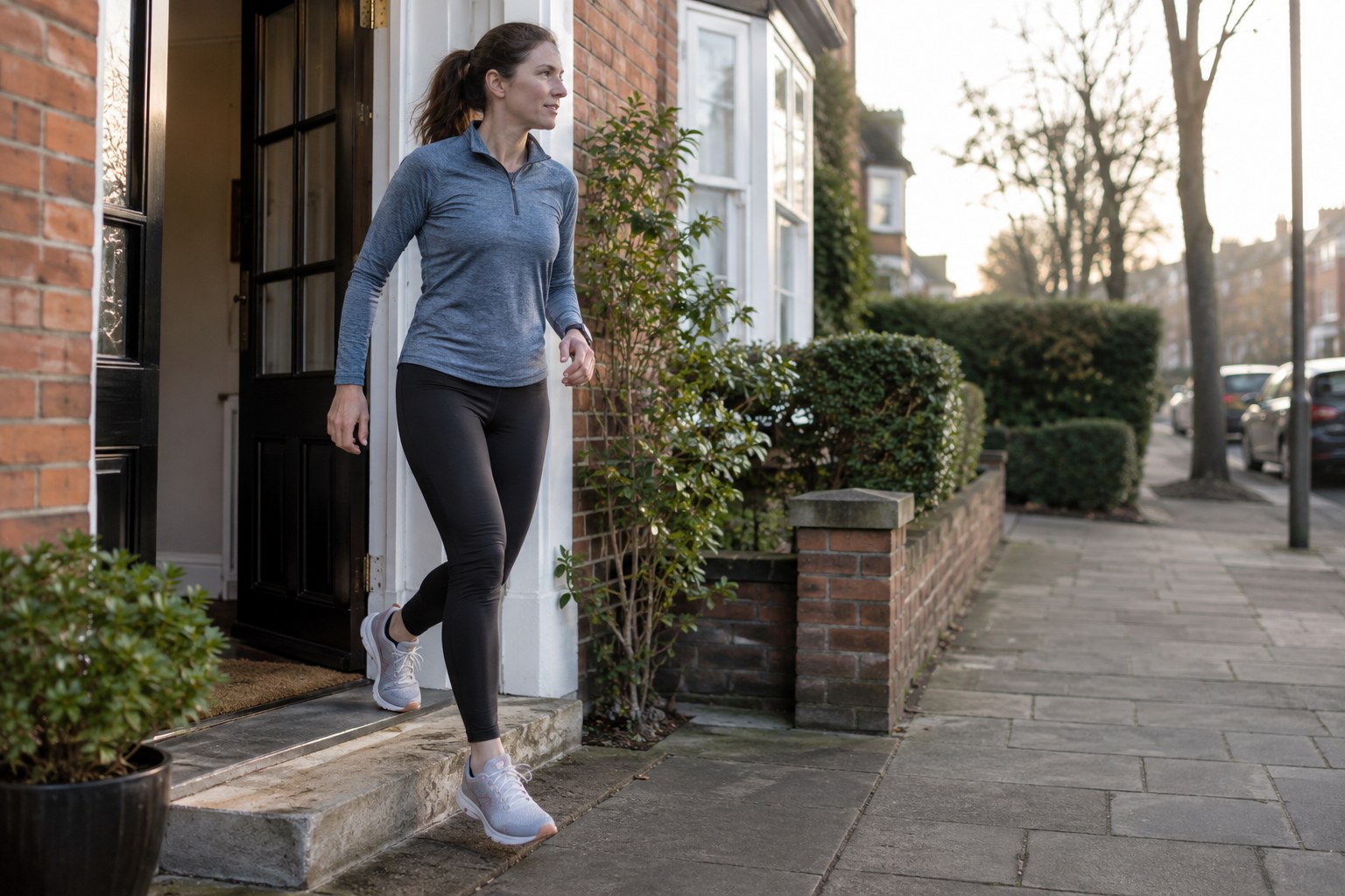 A woman in running clothes steps out of a home doorway.
