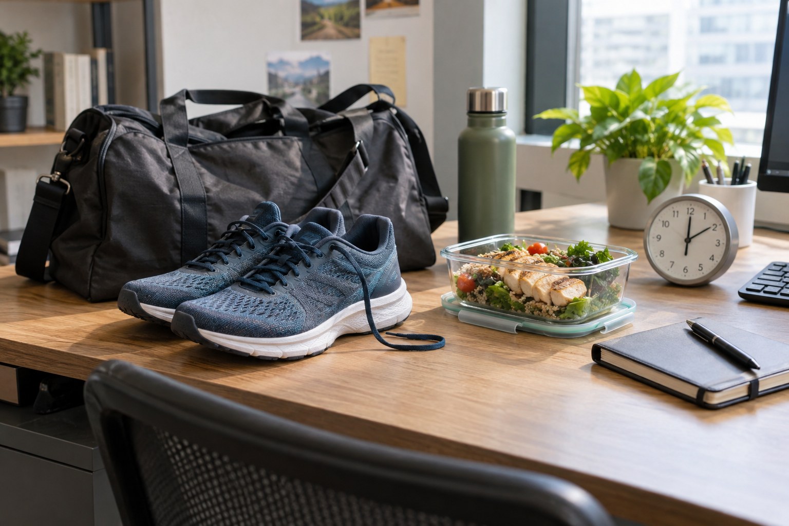 Running shoes, a bag, lunch box and clock on an office desk.