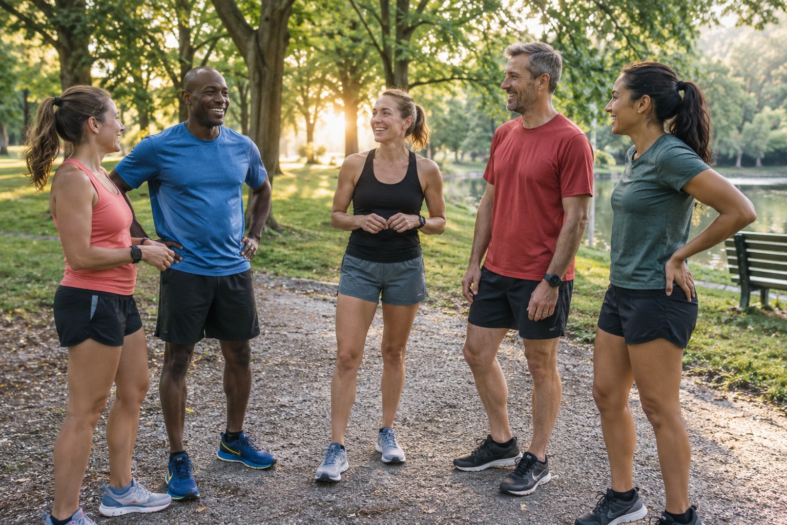 Recreational runners talk together in a park before an outing.
