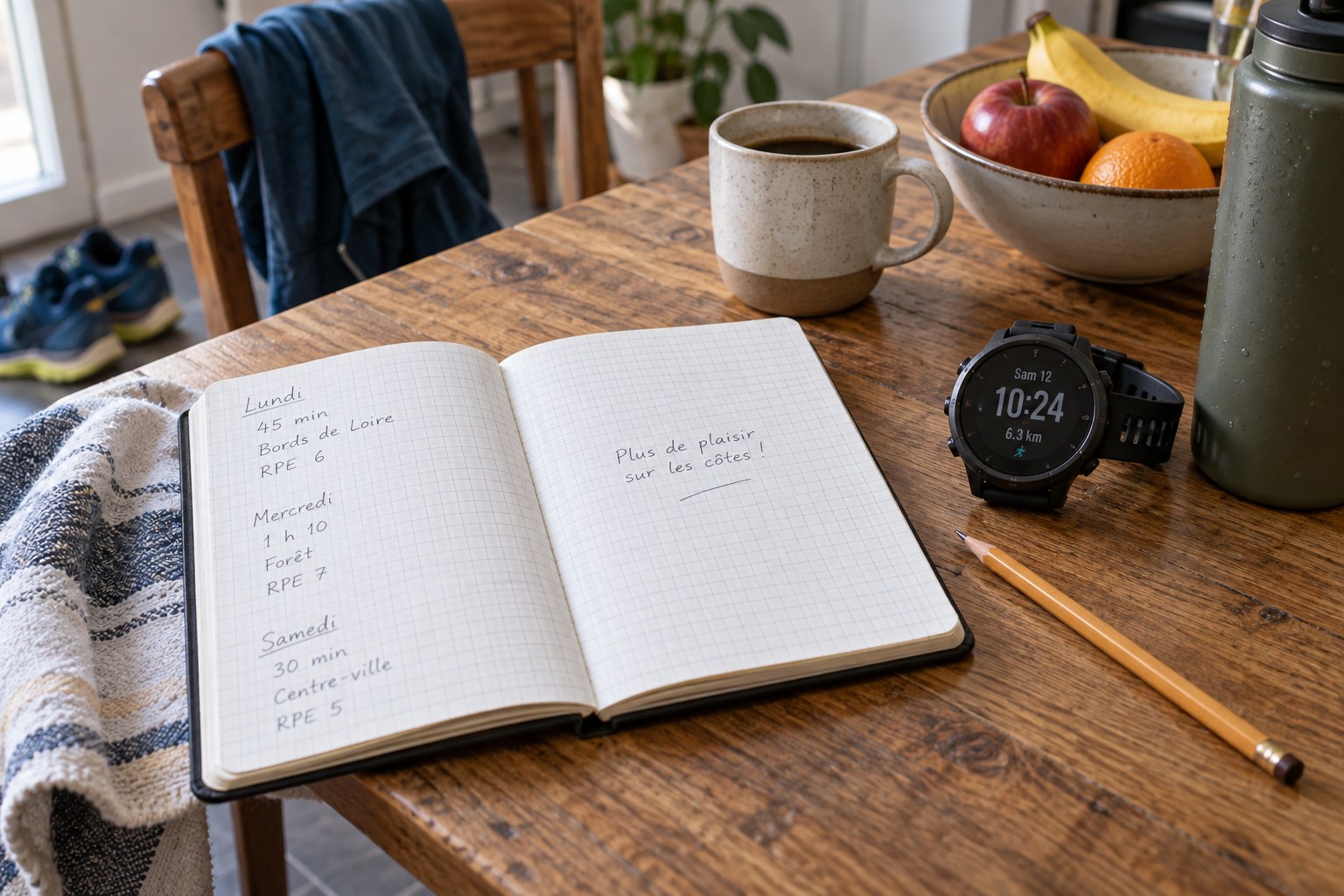 An open running notebook beside a watch and pencil.