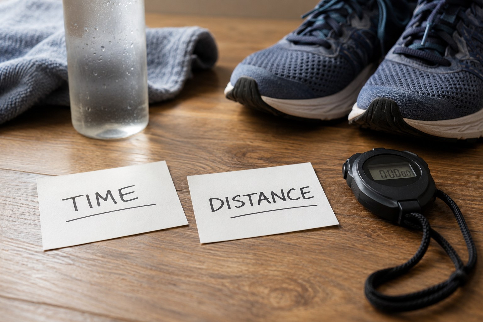 Time and distance goal cards beside running equipment.