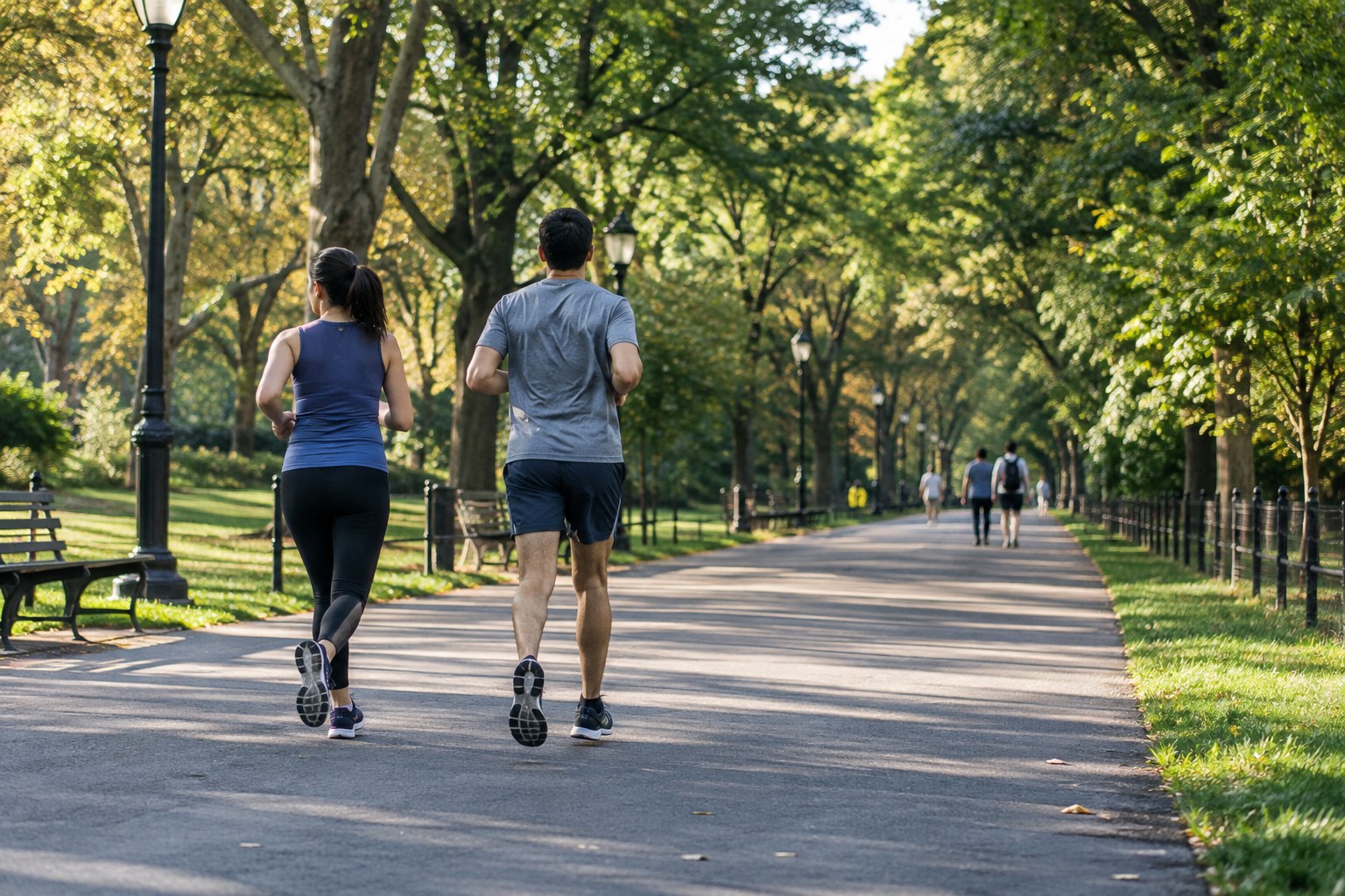 A wide level paved path runs through a park.