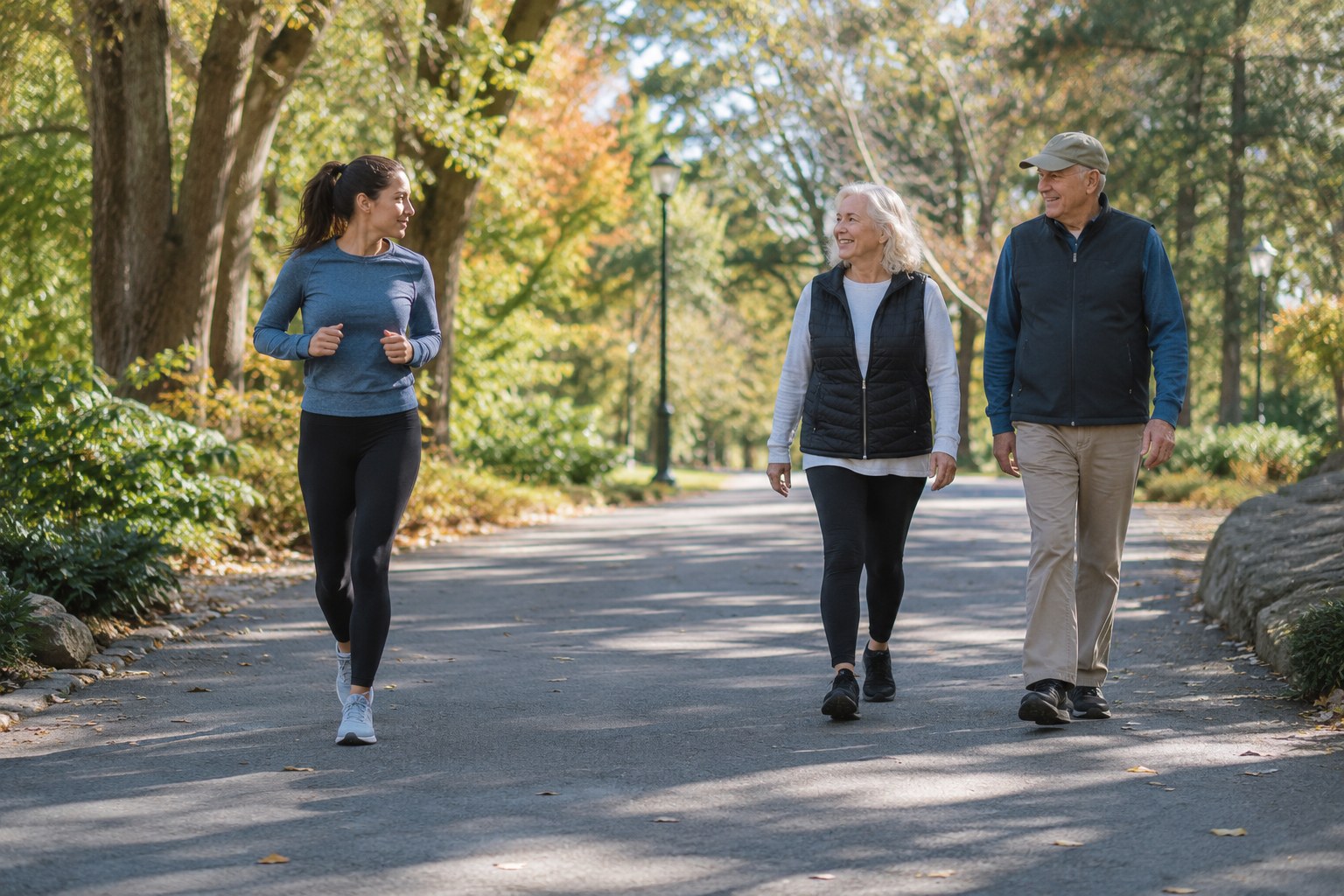 A runner leaves space beside walkers on a broad park path.