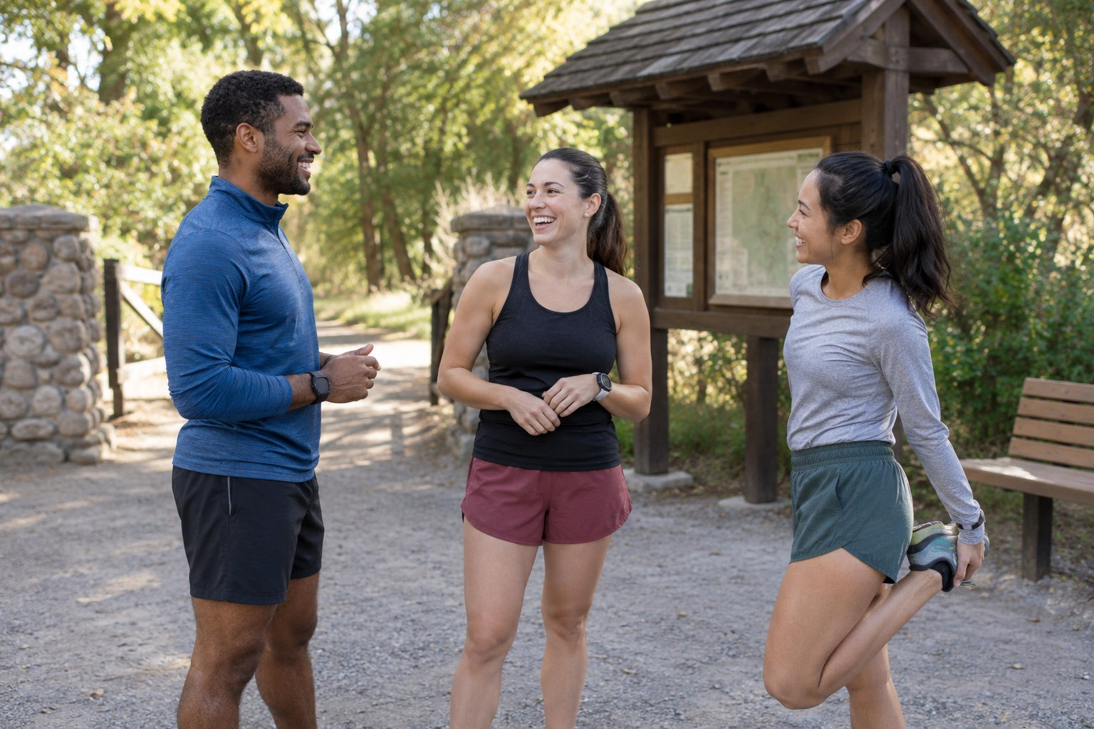 Runners meet beside a park entrance and bench.