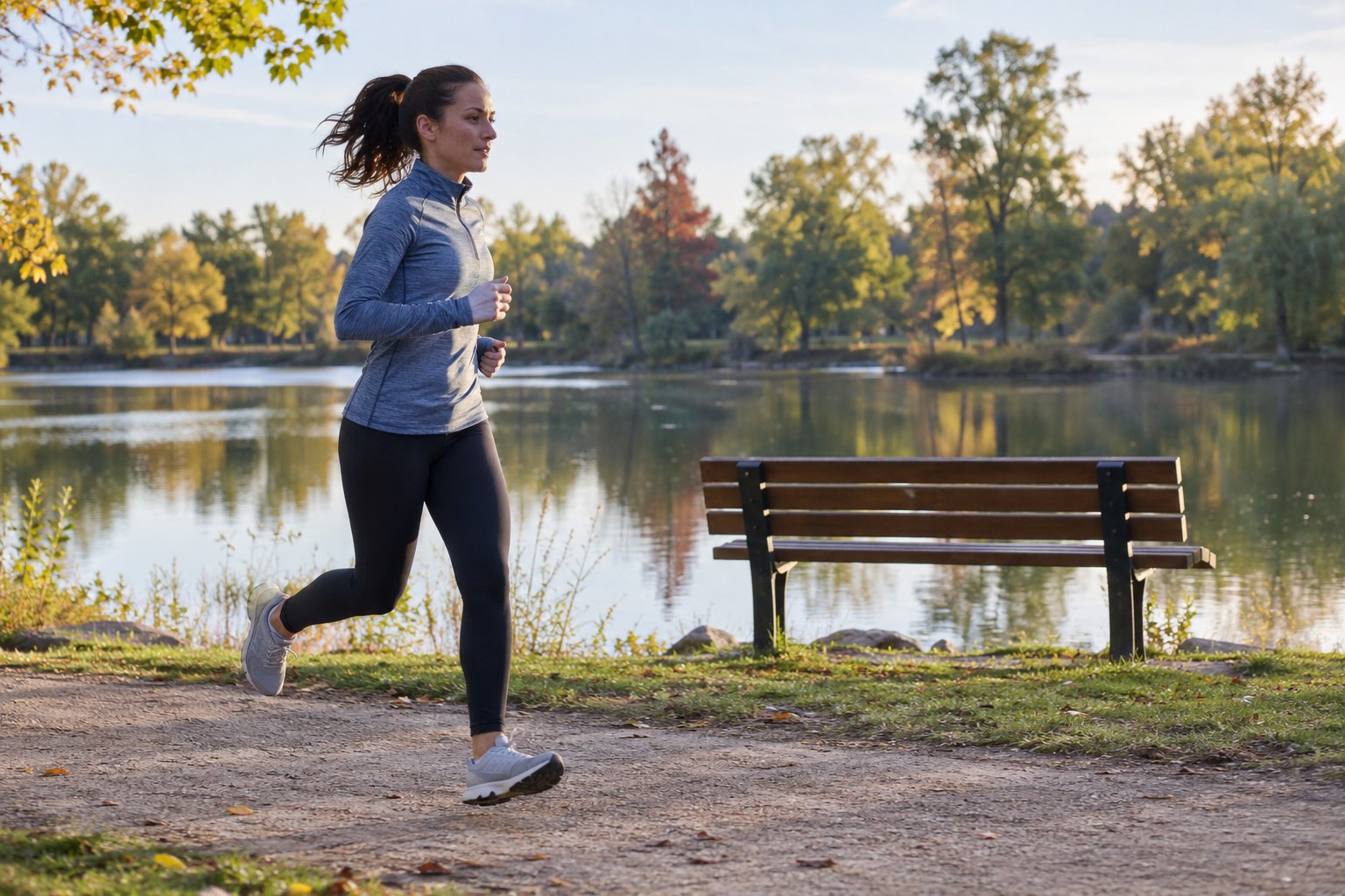 A runner passes a bench beside a small lake.