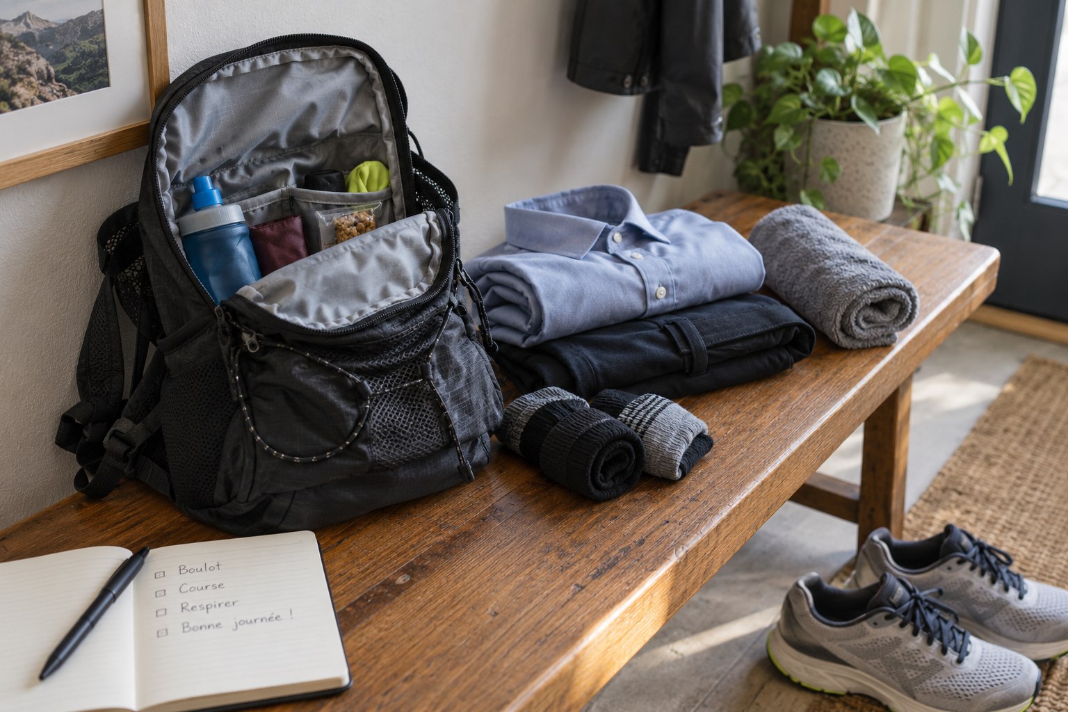 An open backpack beside rolled clean clothing on a hallway bench.