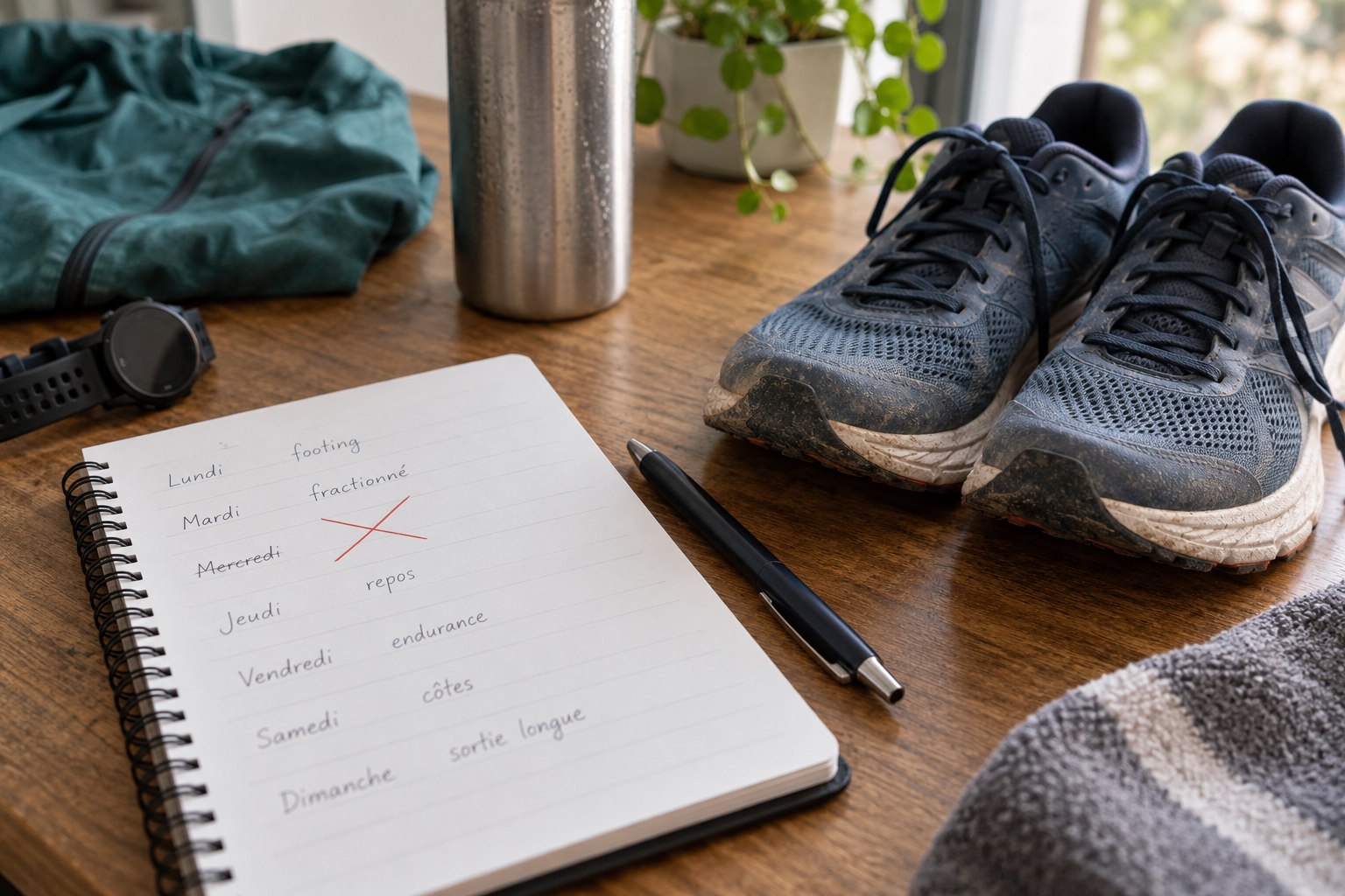 A running planner with a crossed-out entry beside shoes.