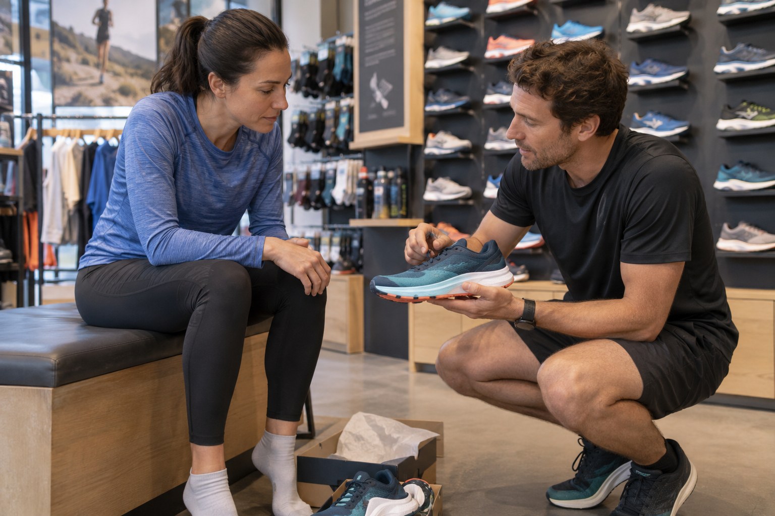 A customer discusses a running shoe with a shop assistant.