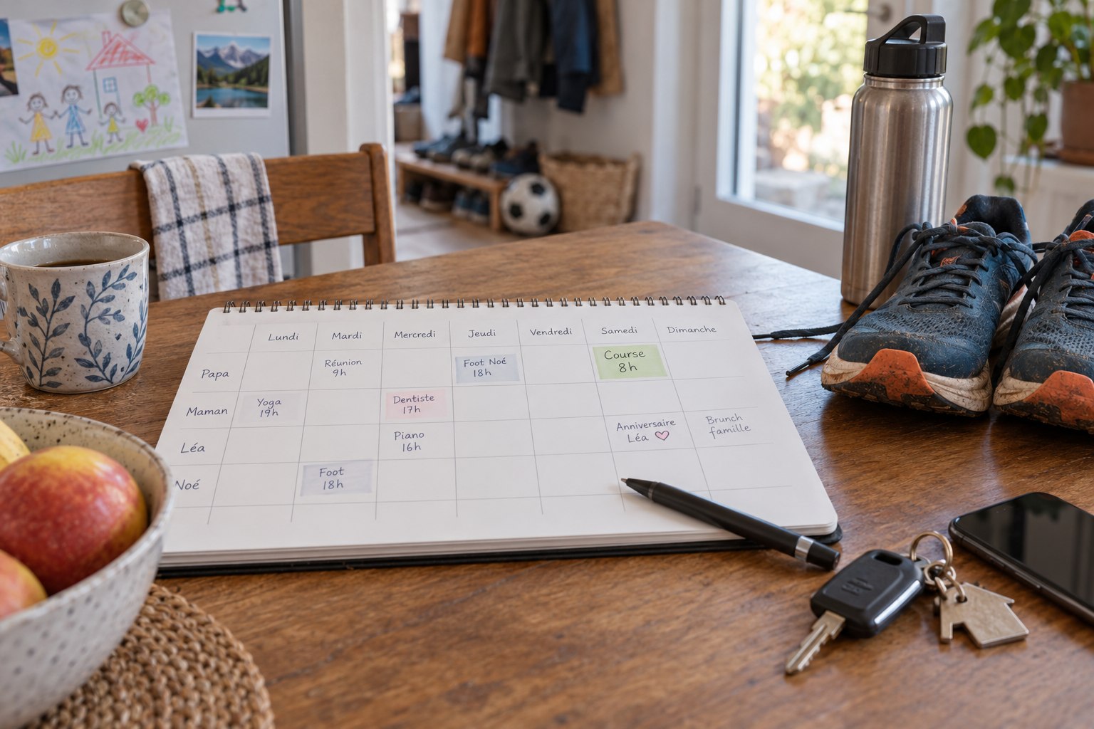 A family weekly planner beside keys and running shoes.