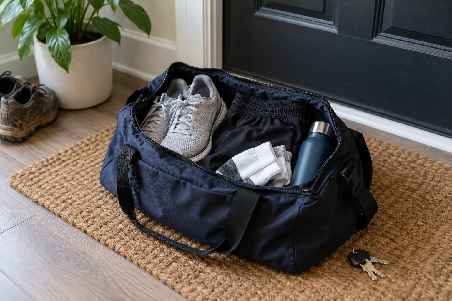 An open bag containing running clothing and equipment.
