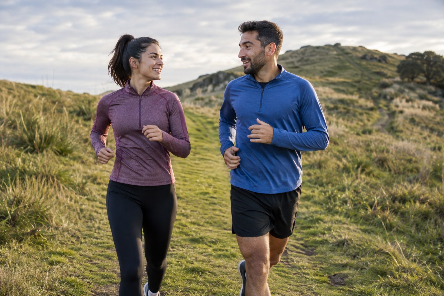 Two runners converse on a gently rolling path.