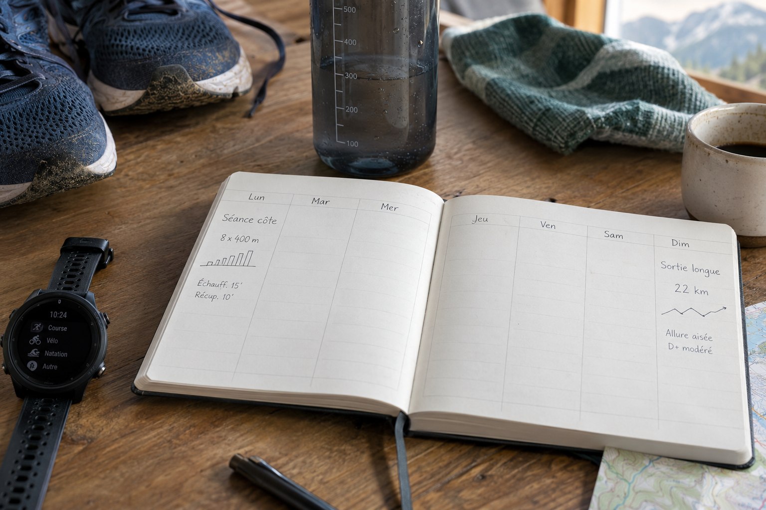 A diary and watch beside running shoes and a bottle.