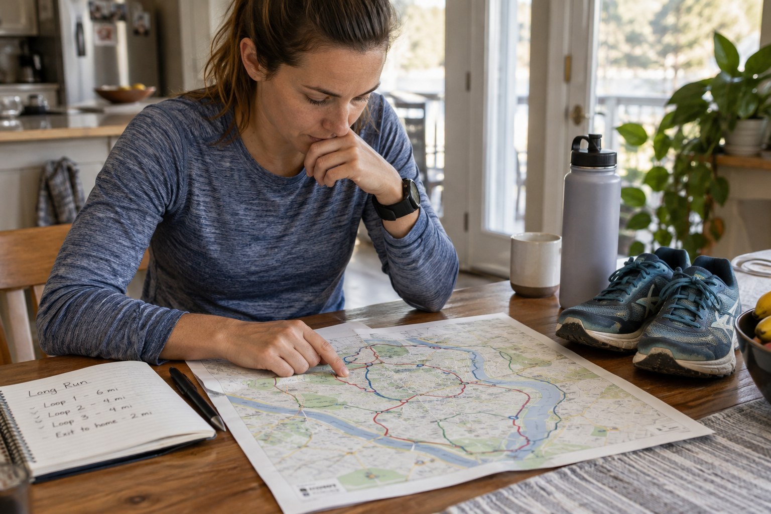 A runner studies a route map beside a water bottle.