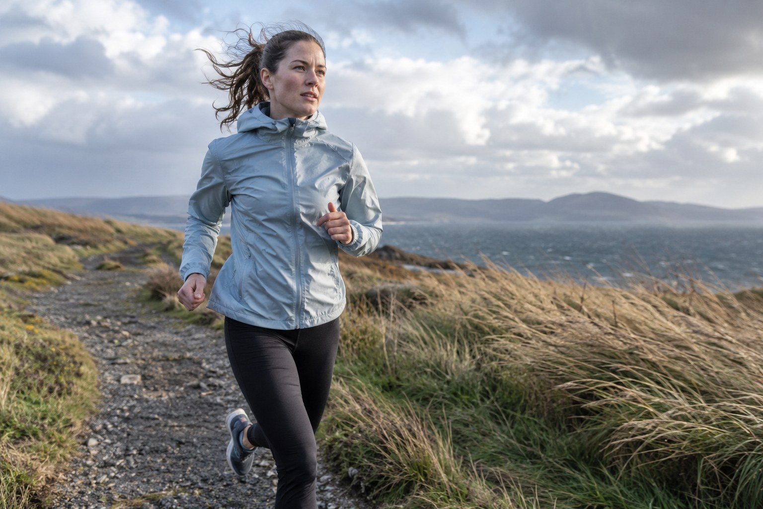 A runner on an open path with windblown grasses.