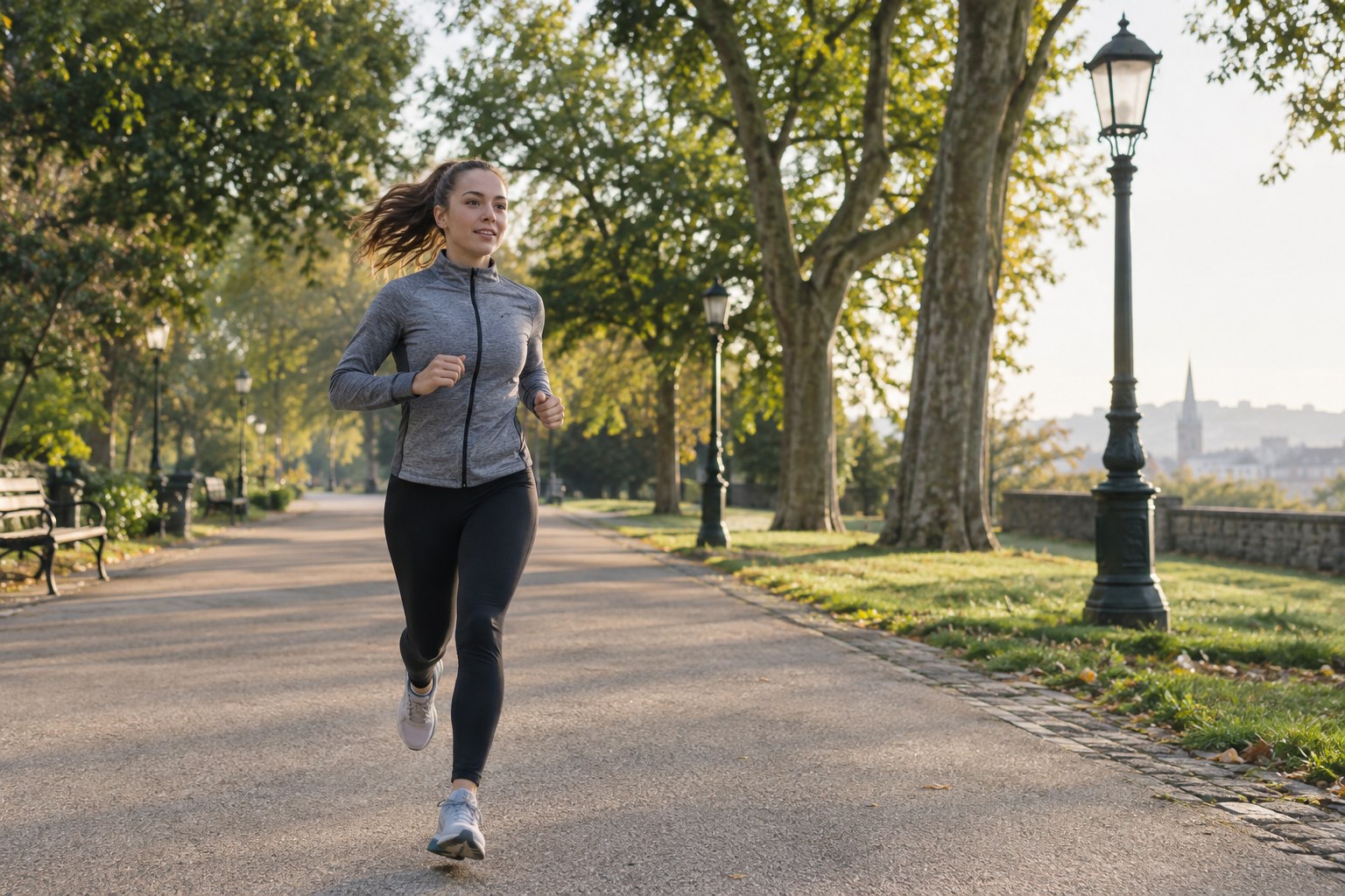 A runner follows a park lane with distinct landmarks.