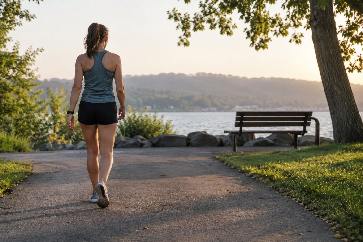 A runner walks at the end of an outing on a park path.