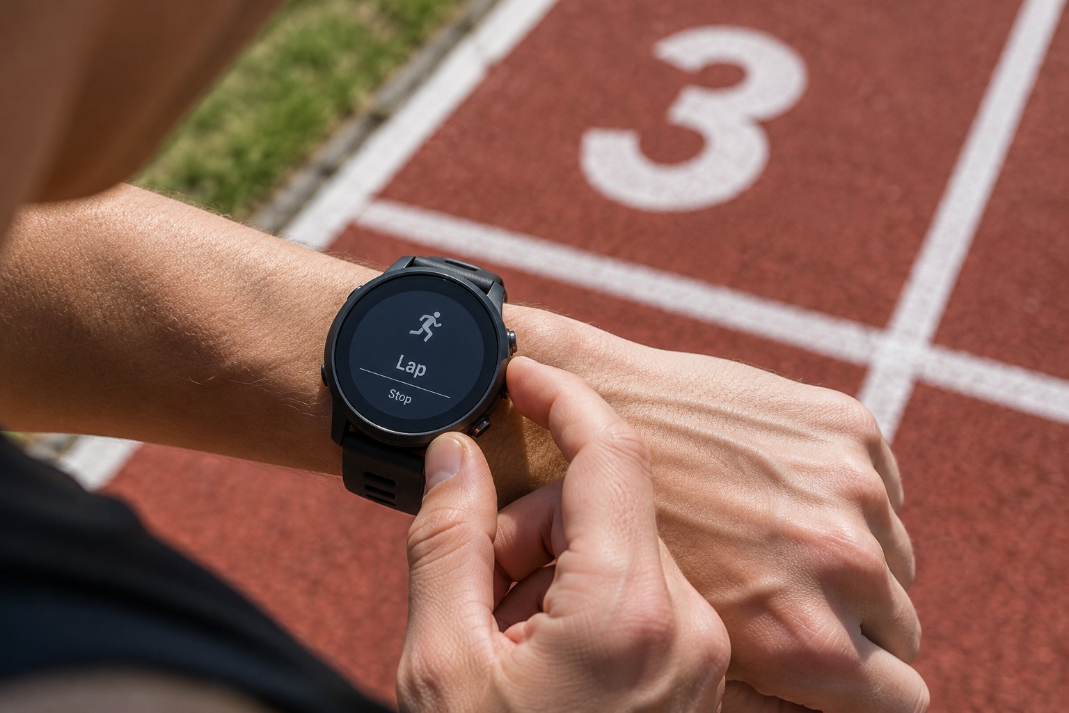 A hand operates a running watch beside an athletics track.