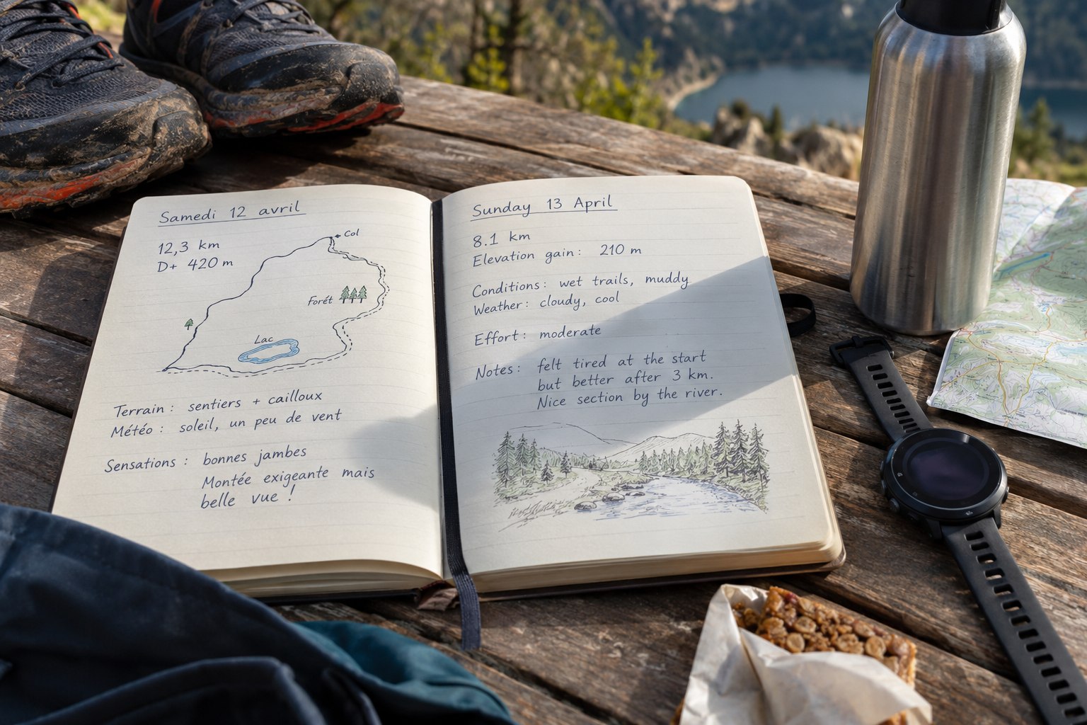 Two running records compared in an open notebook outdoors.