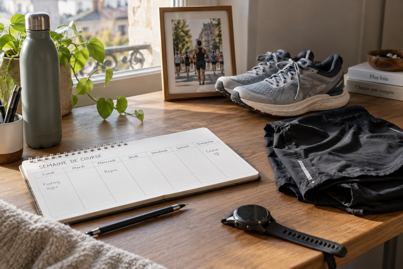 A lightly filled weekly planner beside prepared running clothing.