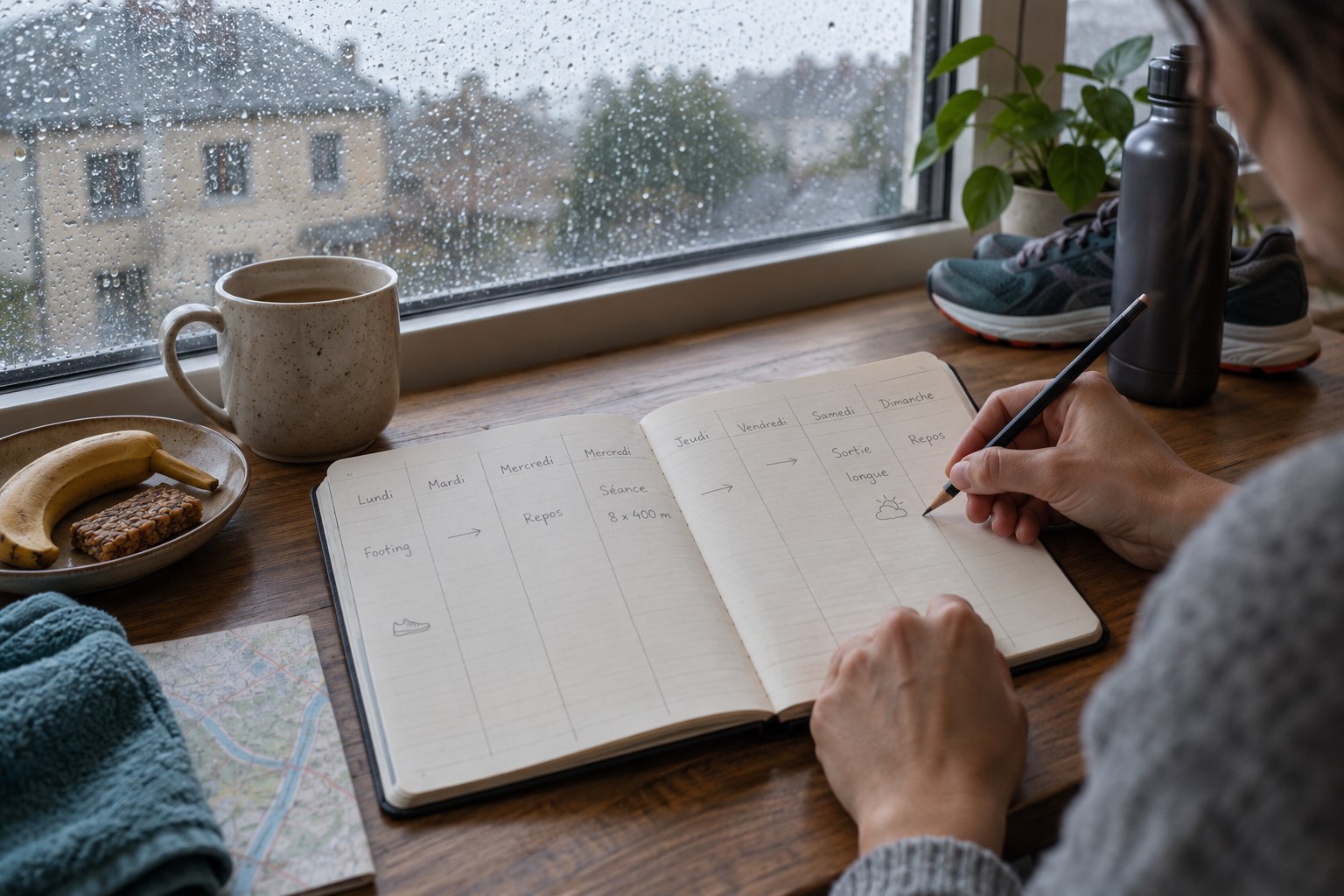 A person revises a diary beside a rain-covered window.