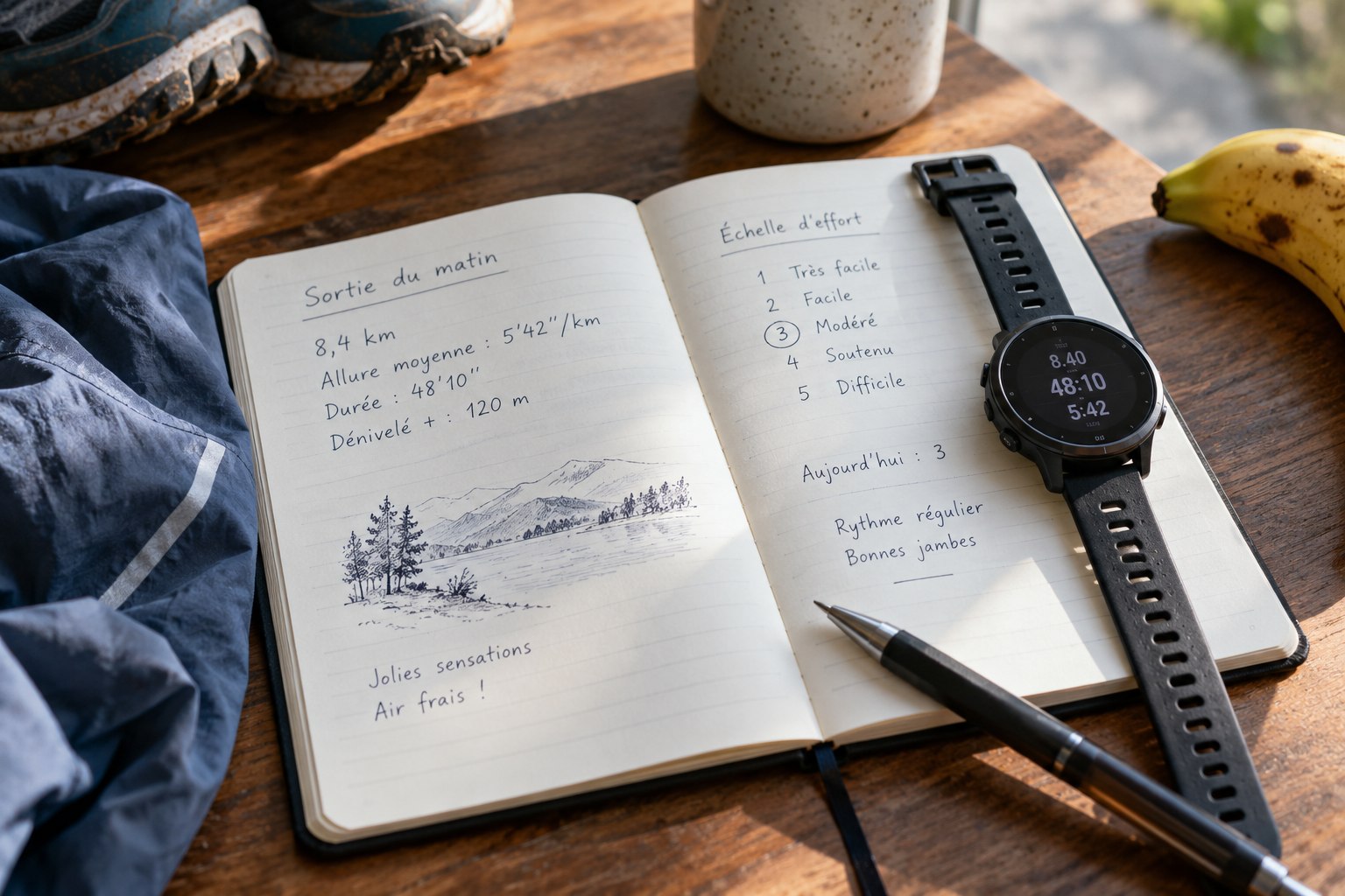 A notebook records running notes beside a watch.