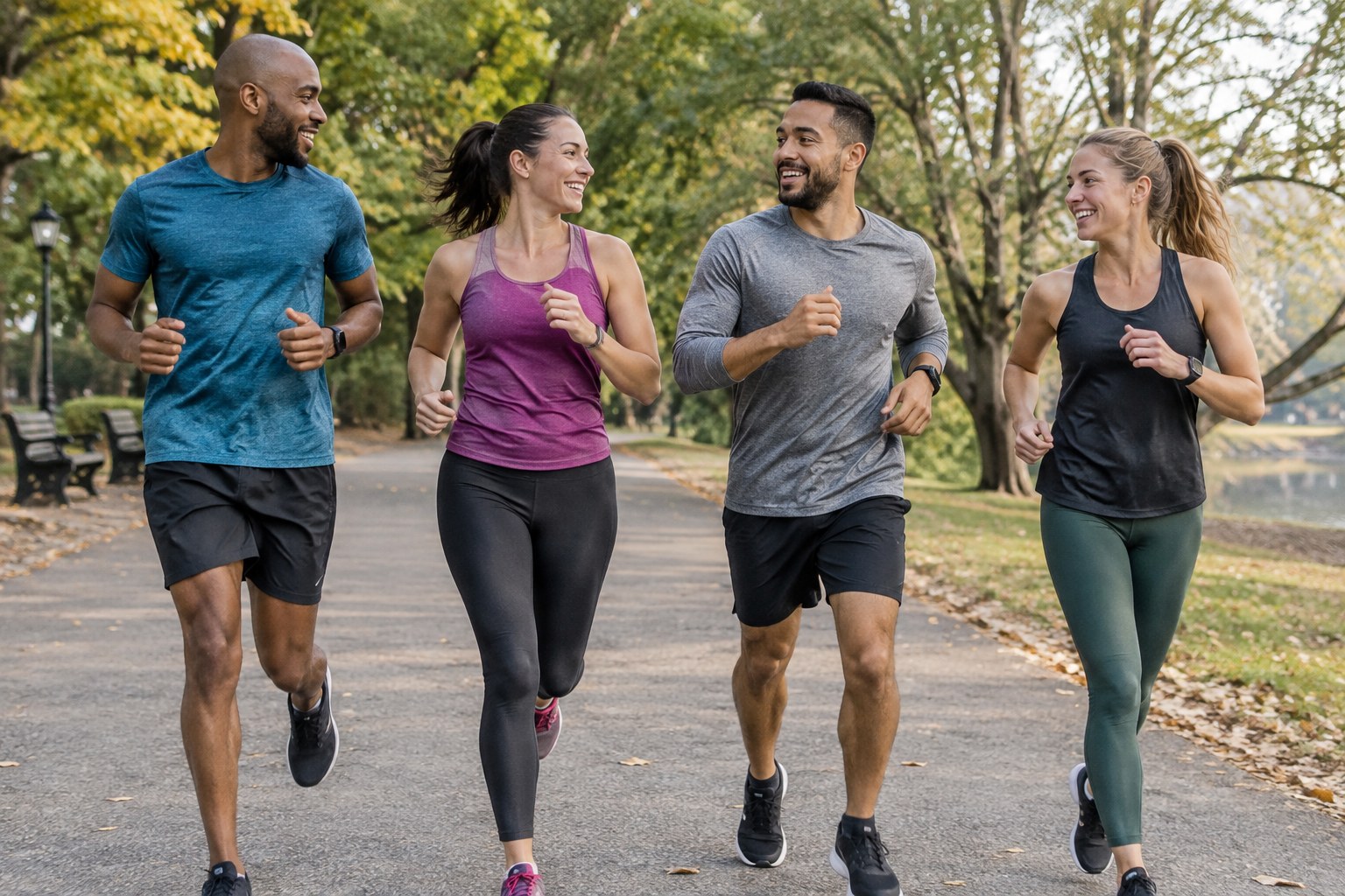 A small group runs together on a broad park path.