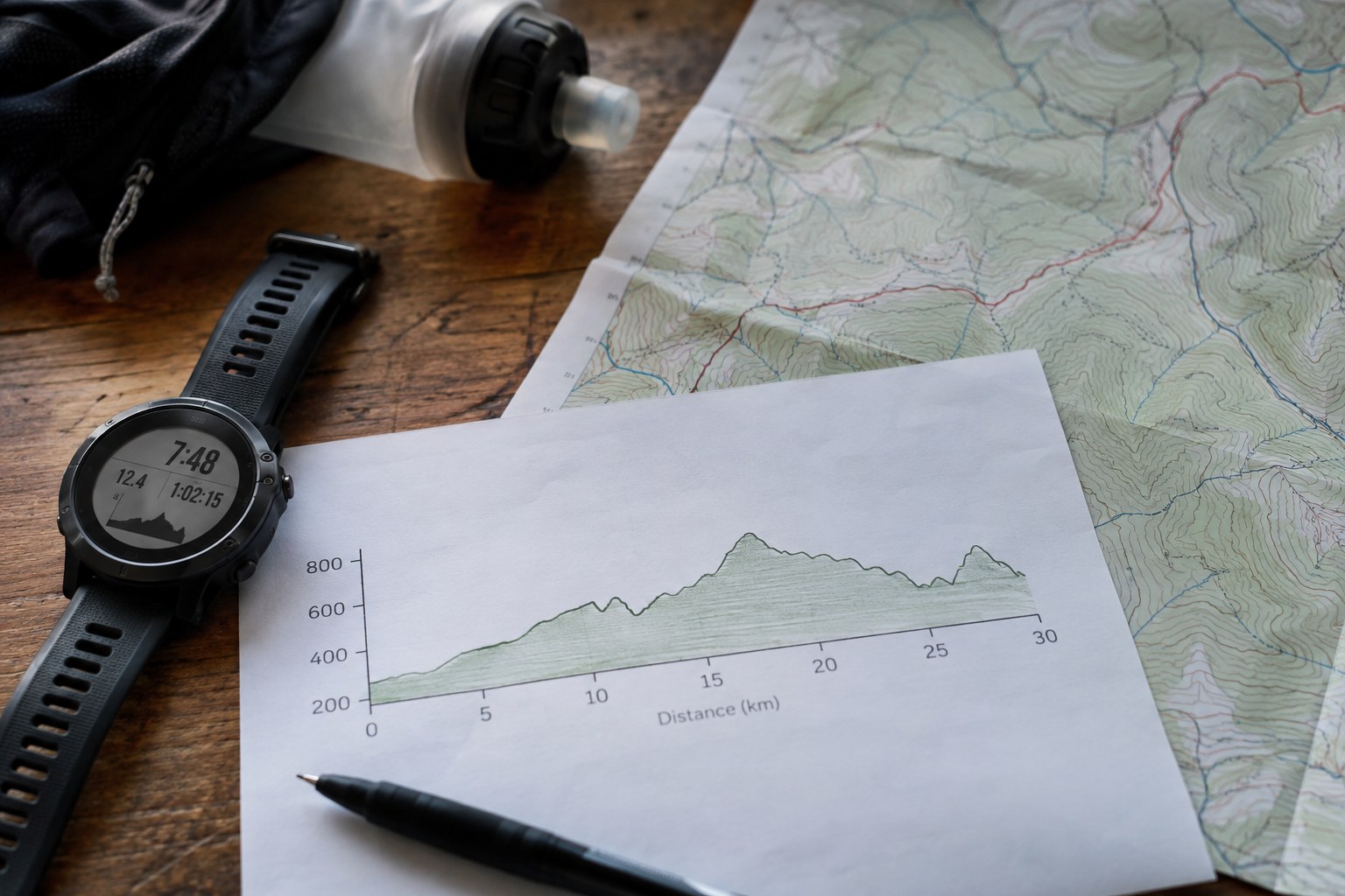 An elevation profile and map beside a running watch.