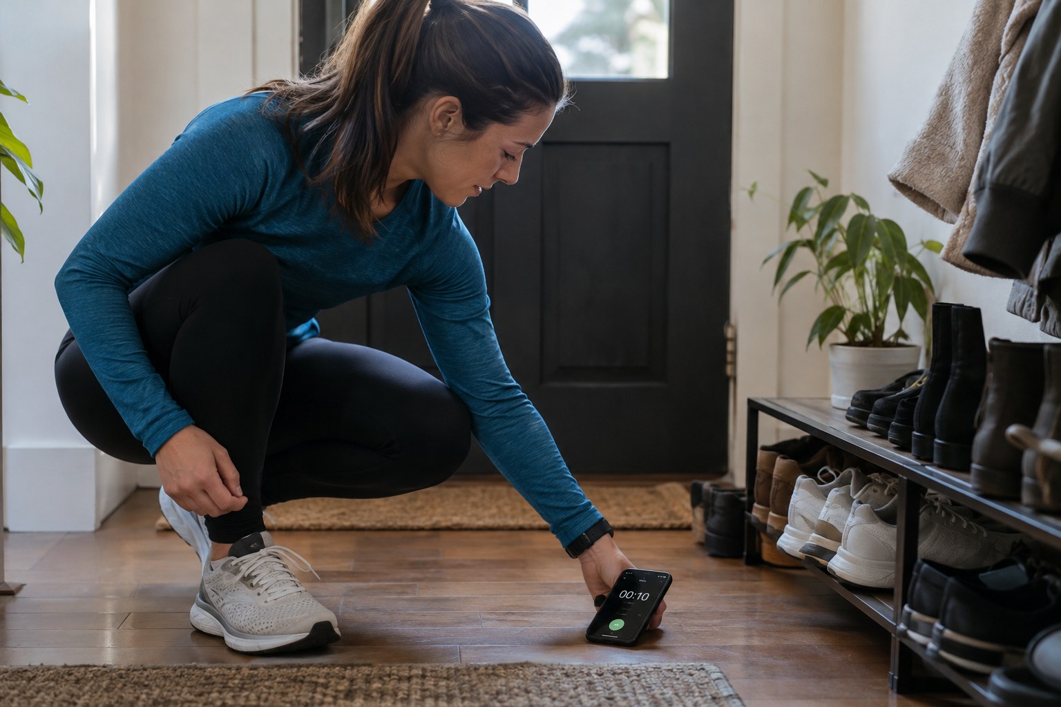 A runner prepares a timer beside shoes before leaving.