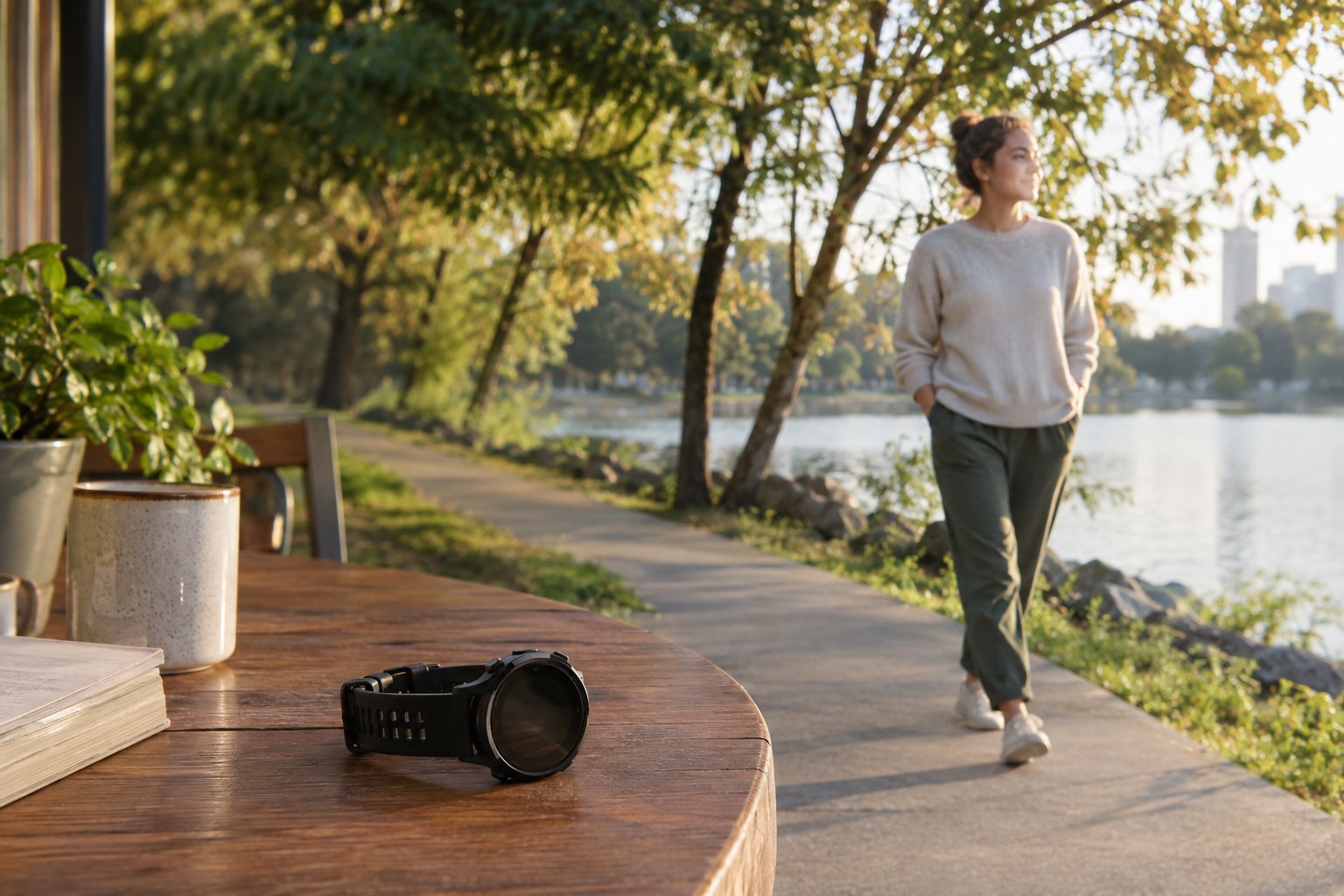 A person in casual clothes takes a quiet park walk.