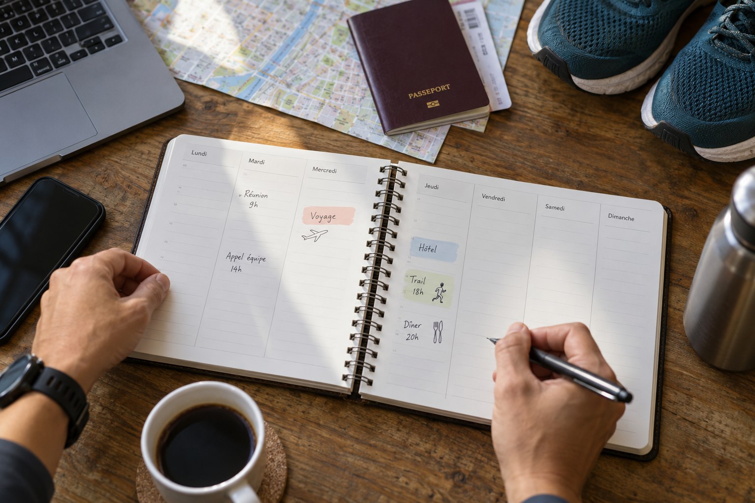 A person reviews a weekly planner with travel documents nearby.
