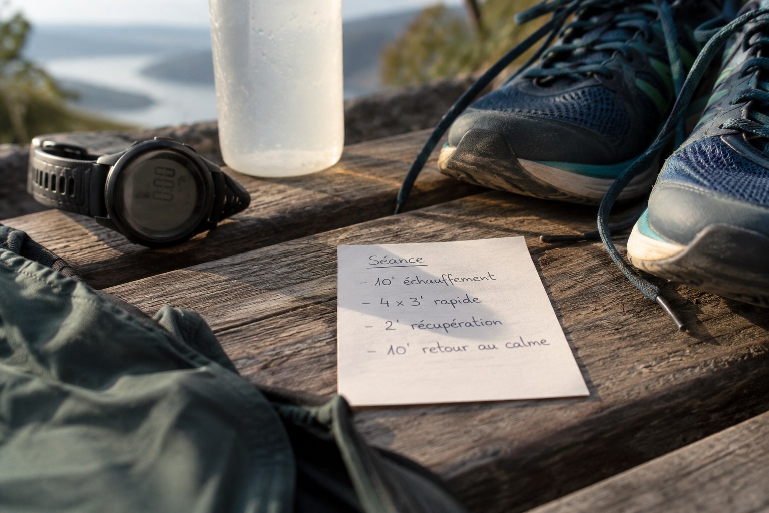 A small handwritten workout card beside shoes and a watch.