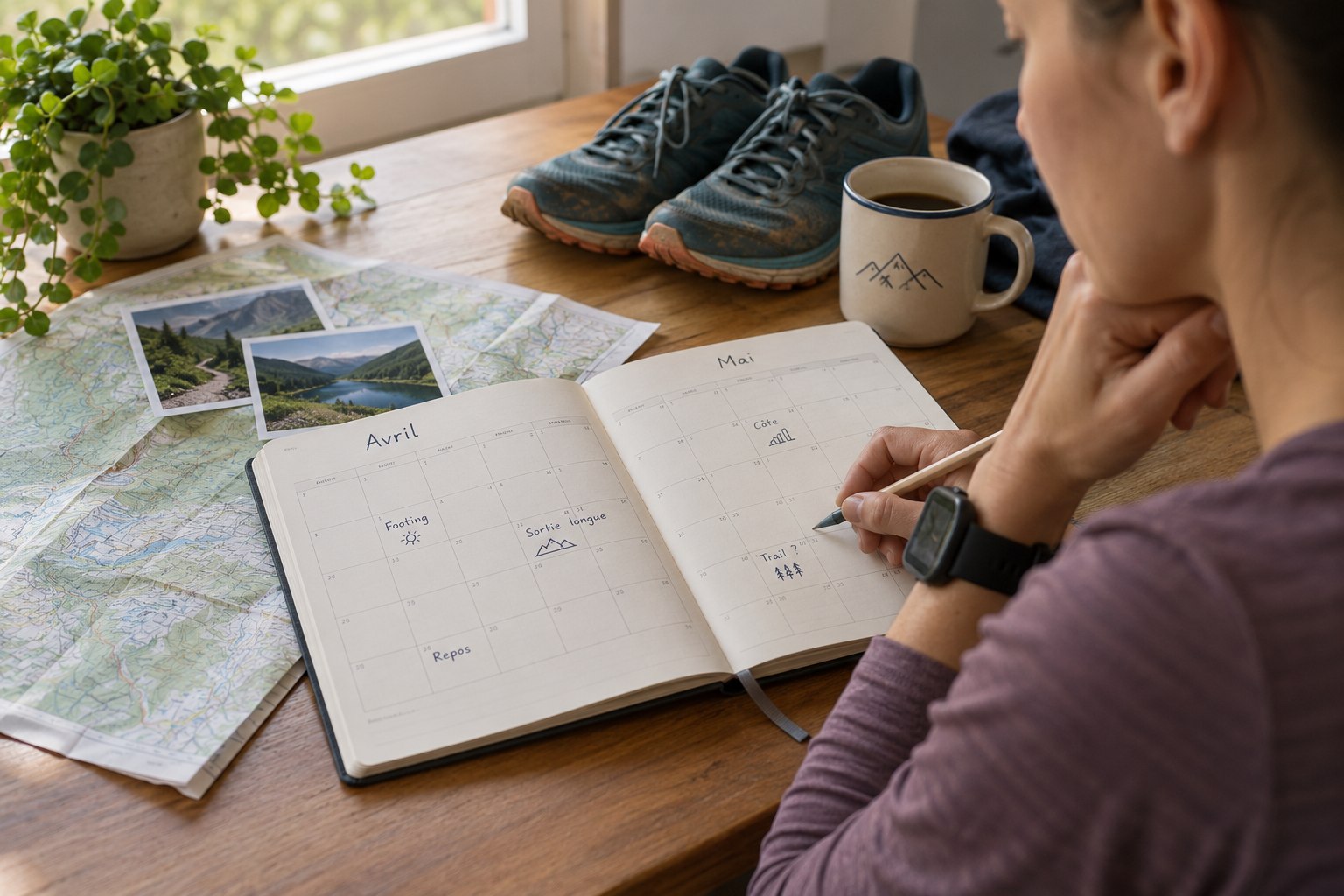 A person reviews a monthly running diary at home.