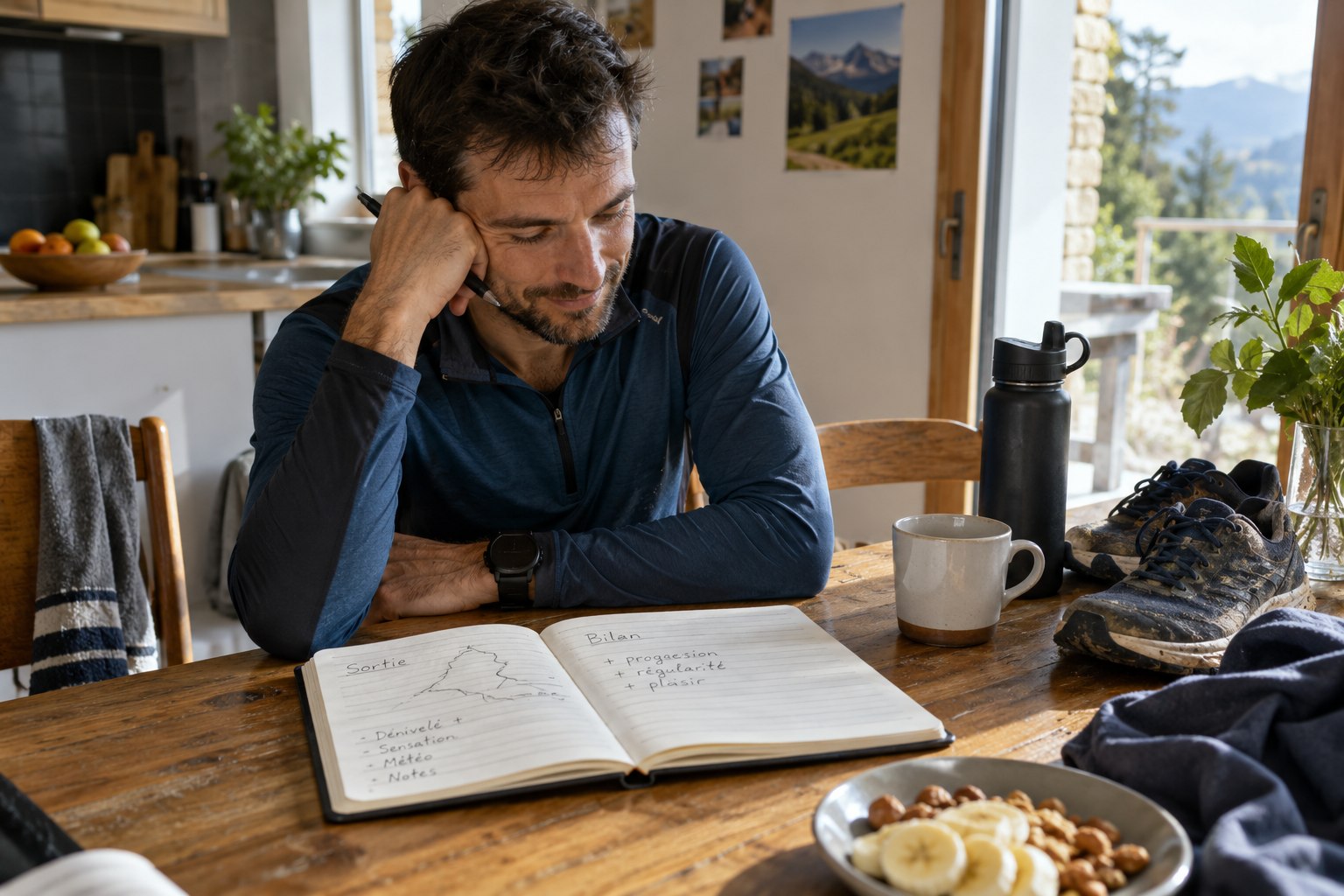 A runner reflects over an open notebook at a kitchen table.