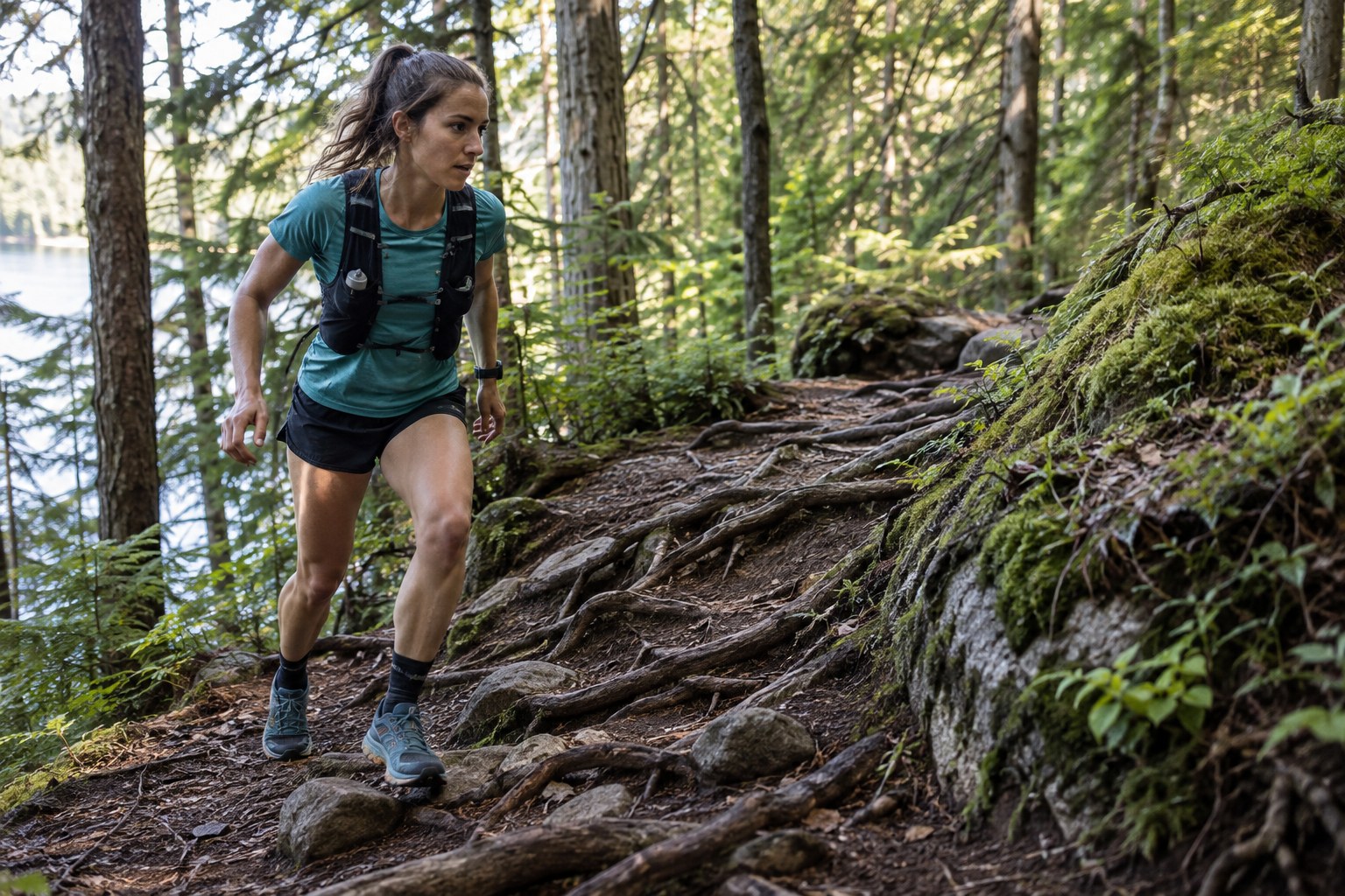 A trail runner looks ahead on a path crossed by roots.