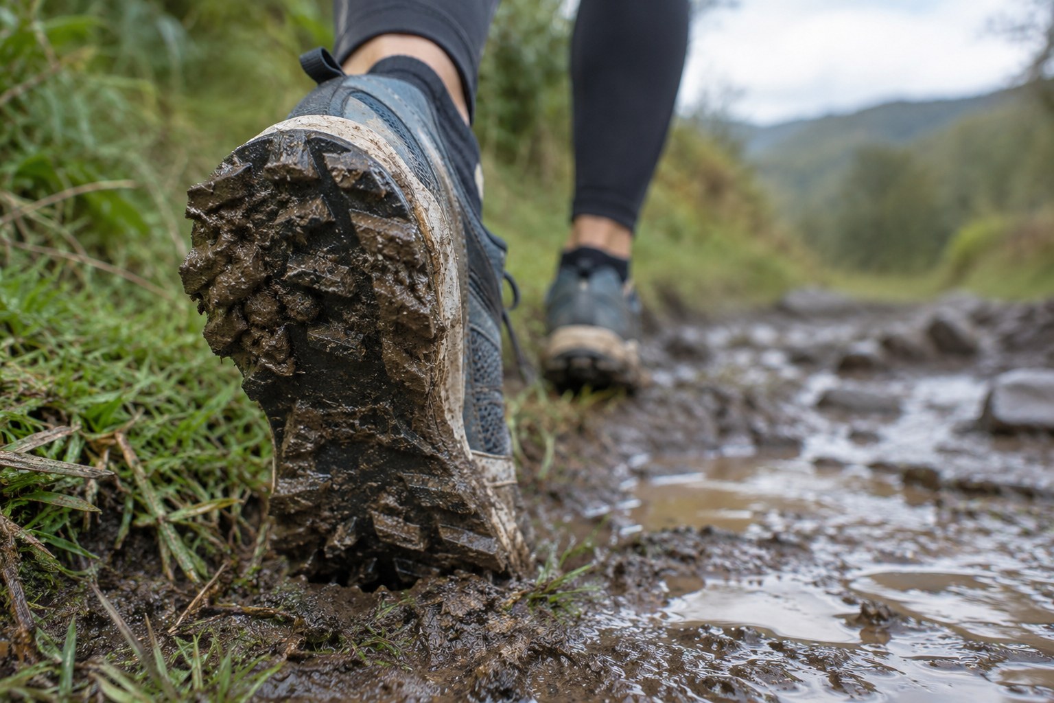 Pronounced lugs on a trail shoe outsole beside mud.