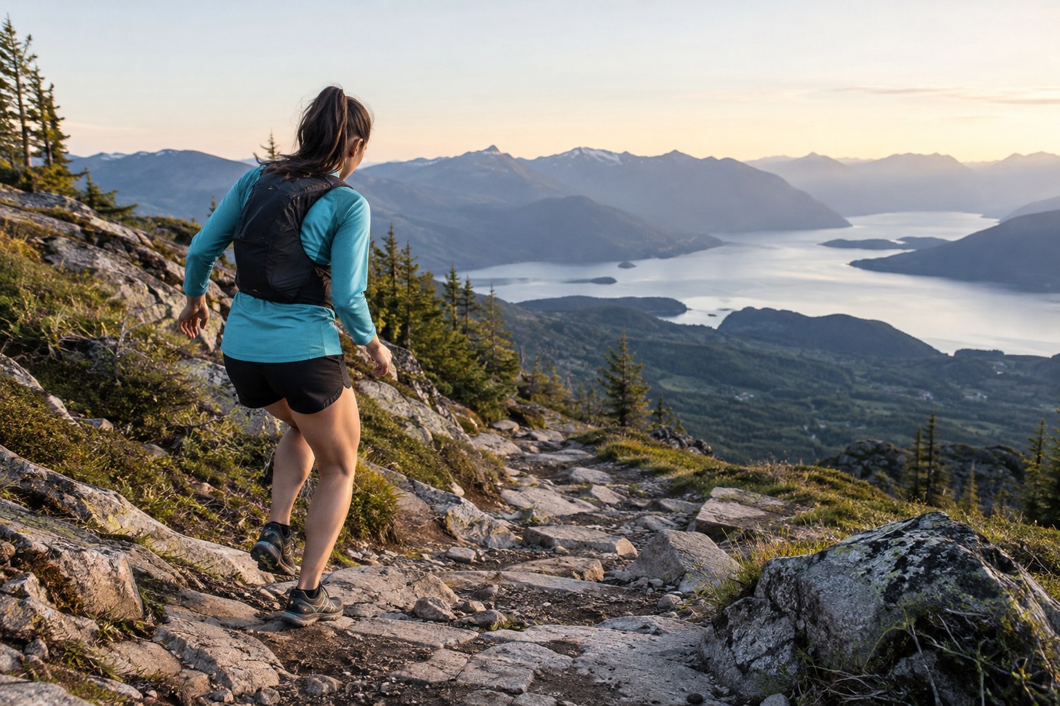 A runner approaches a rocky downhill section with care.