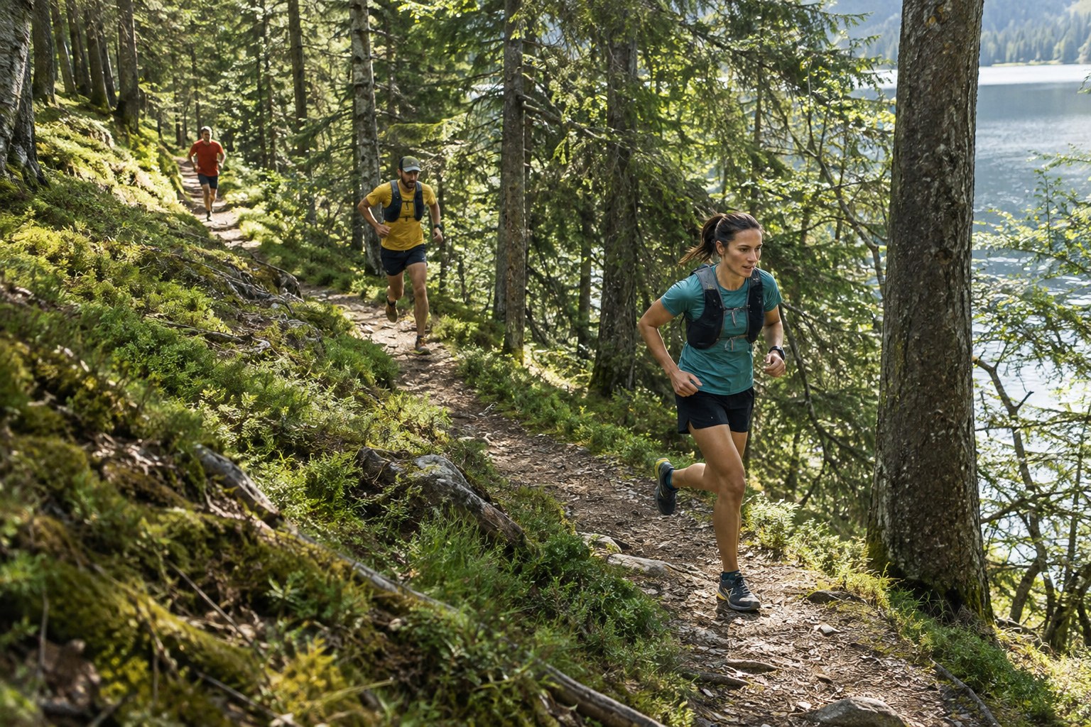 Trail runners keep gaps between them on a narrow path.