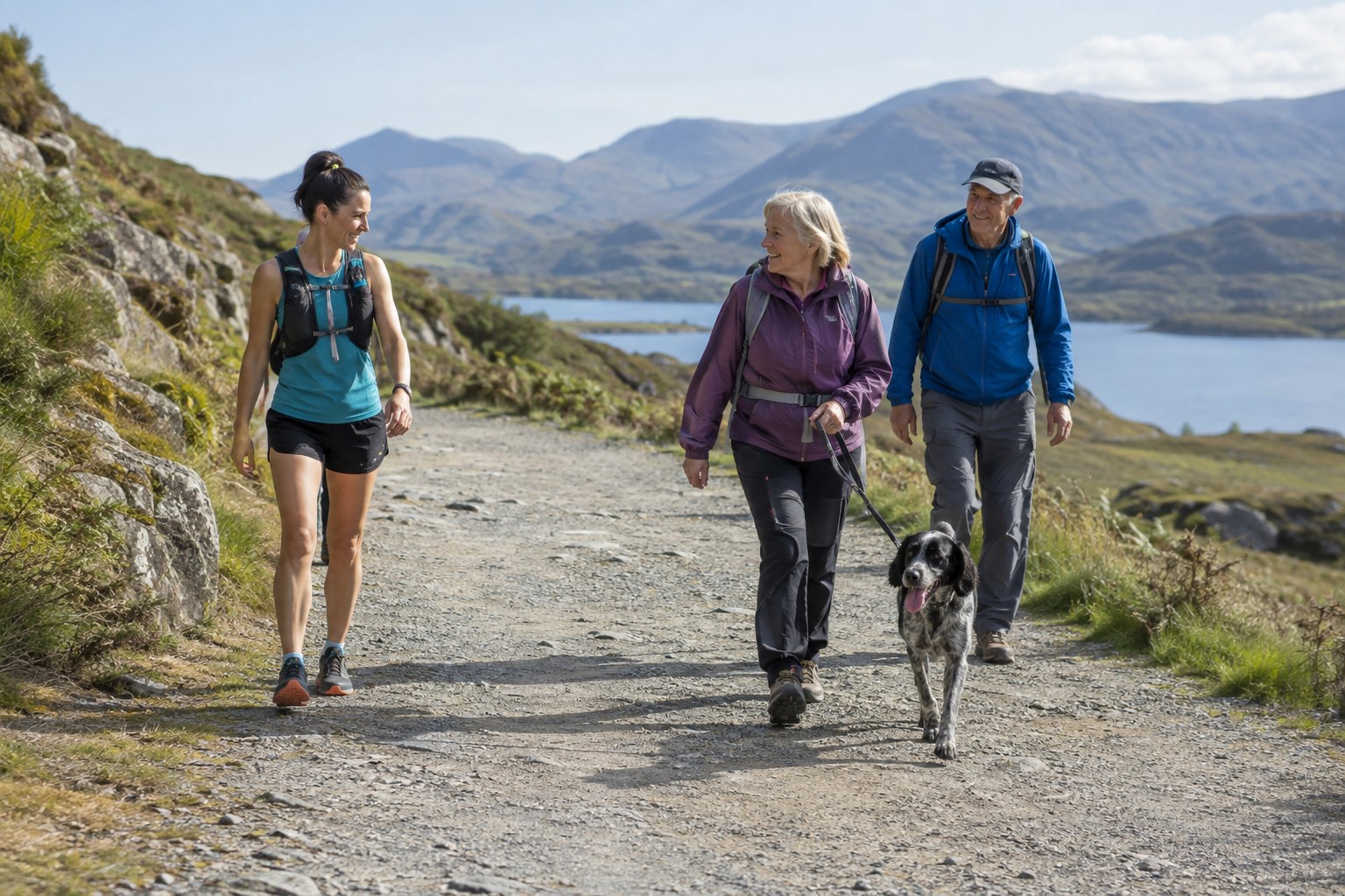 A trail runner makes space for walkers on a shared path.