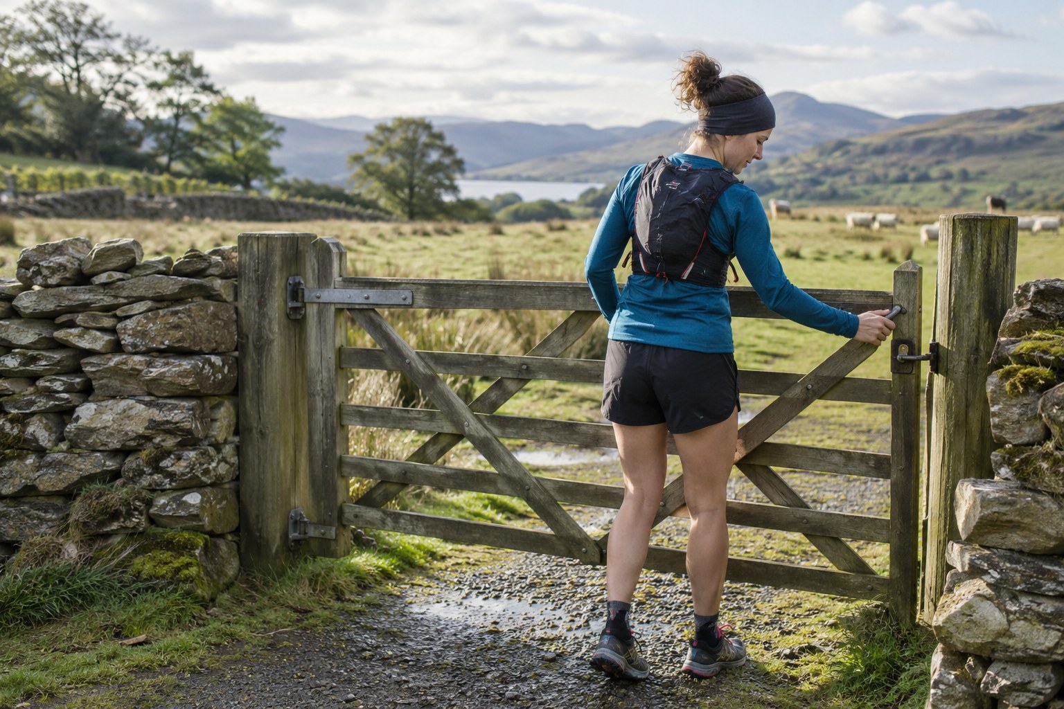 A runner closes a farm gate with livestock beyond.