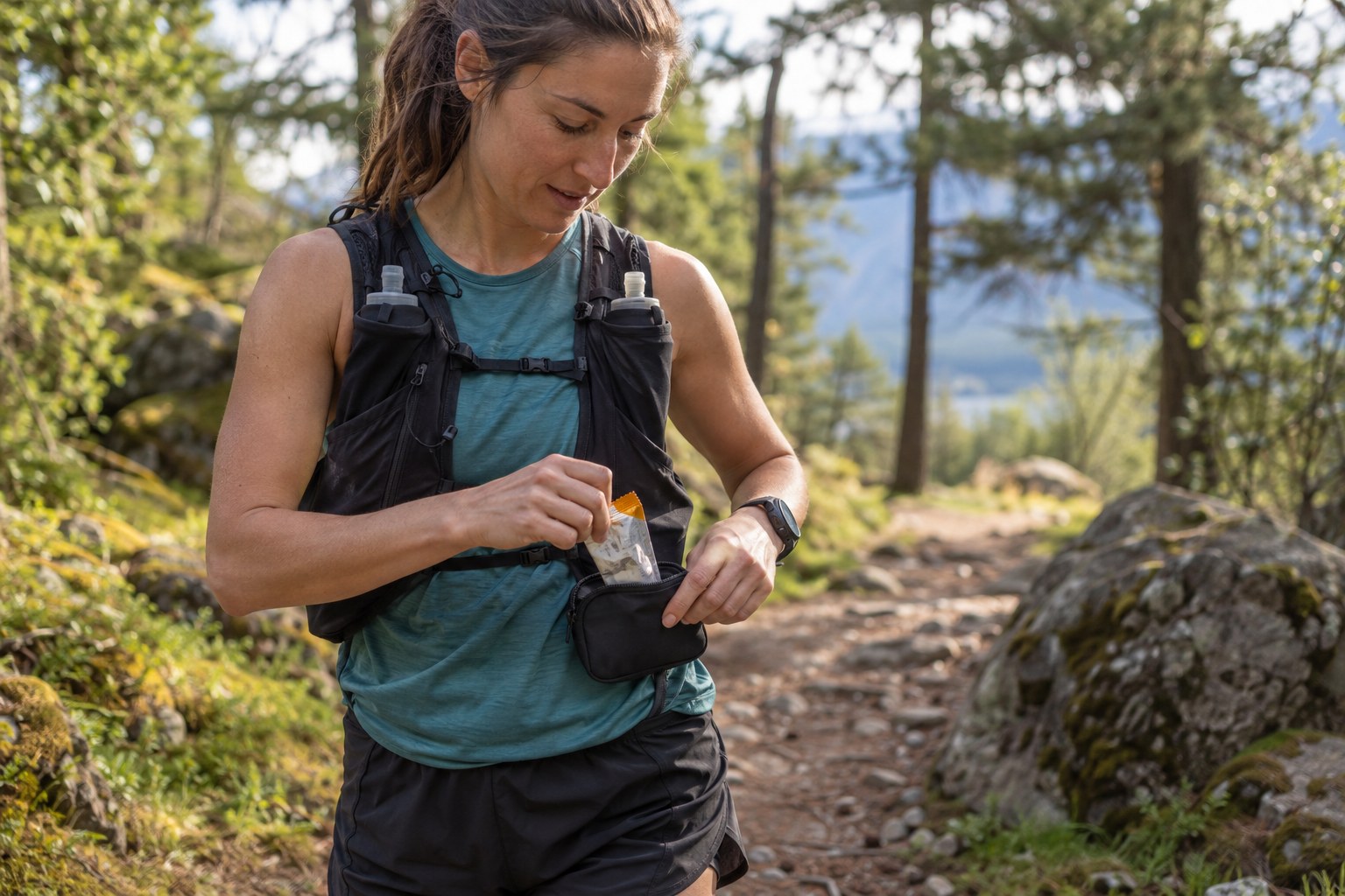 A runner puts an empty wrapper into a small pouch.
