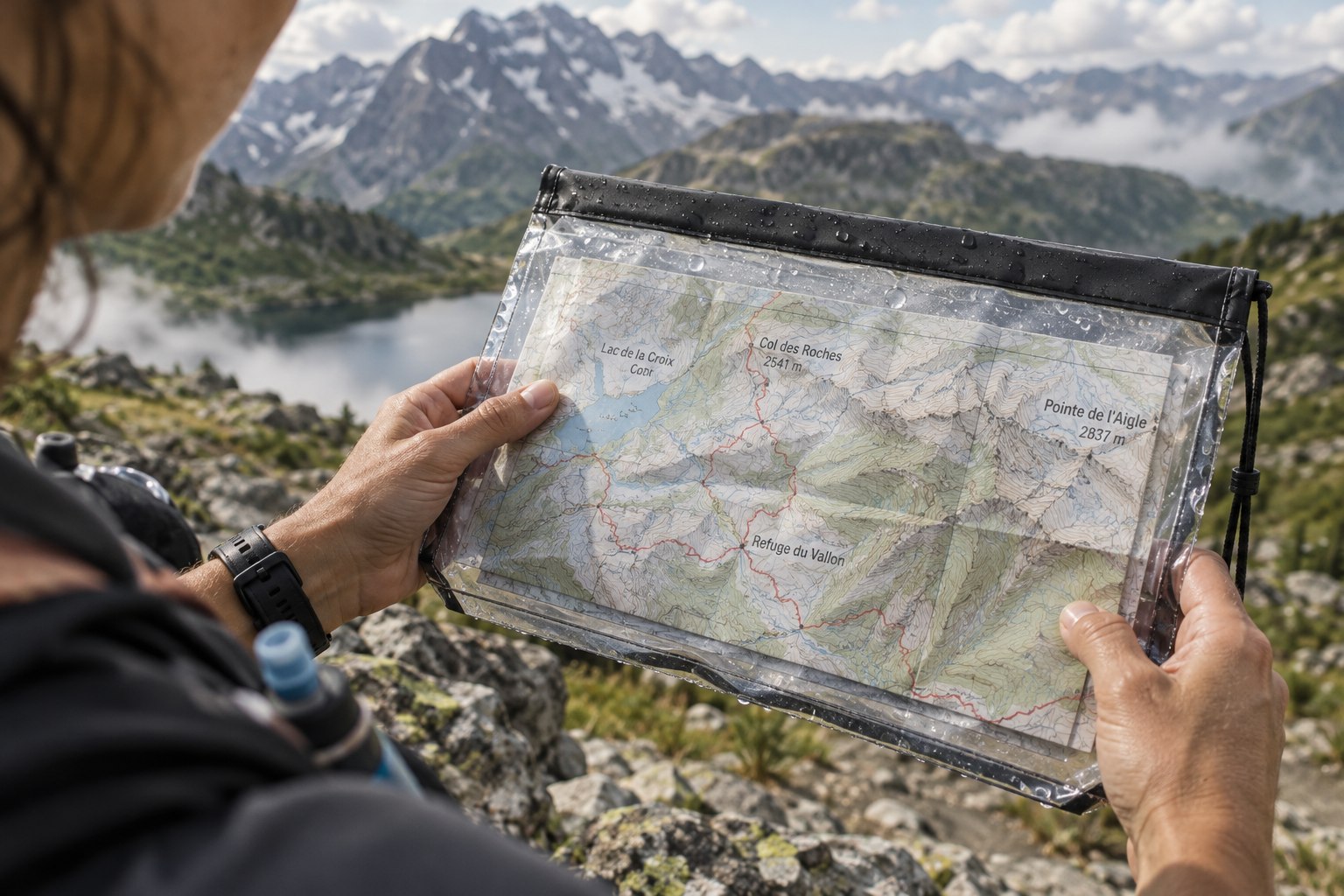 A paper route map protected in a clear waterproof pouch.