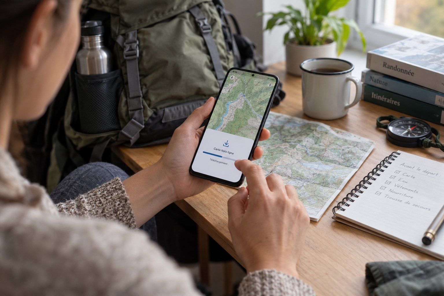 A person prepares an offline map on a phone at home.