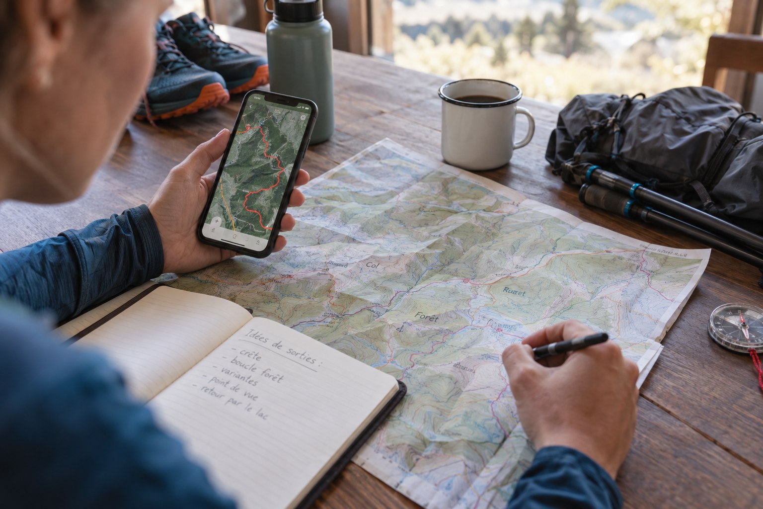 A phone route display compared with a paper map.