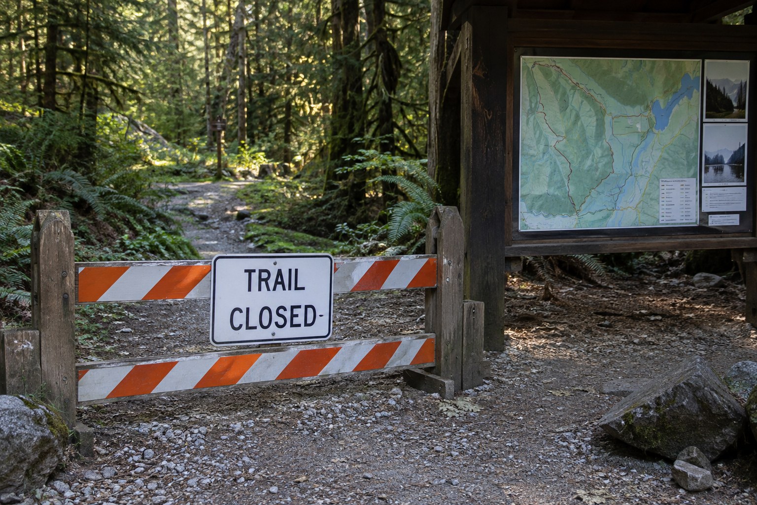 A temporary closure sign and barrier at a woodland entrance.
