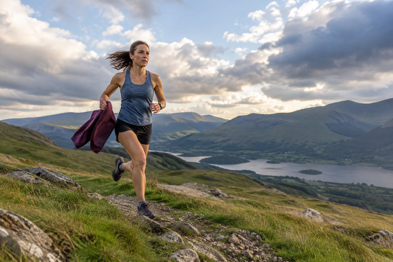 A runner holds a jacket beneath changing hill weather.
