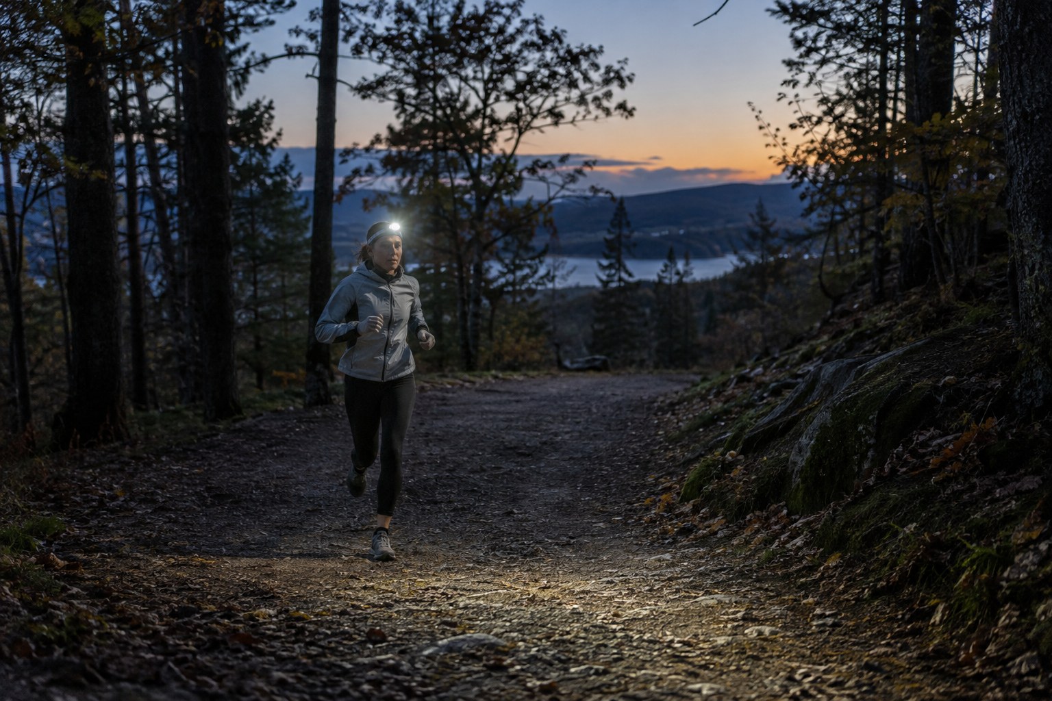 A headlamp lights a broad woodland trail at dusk.