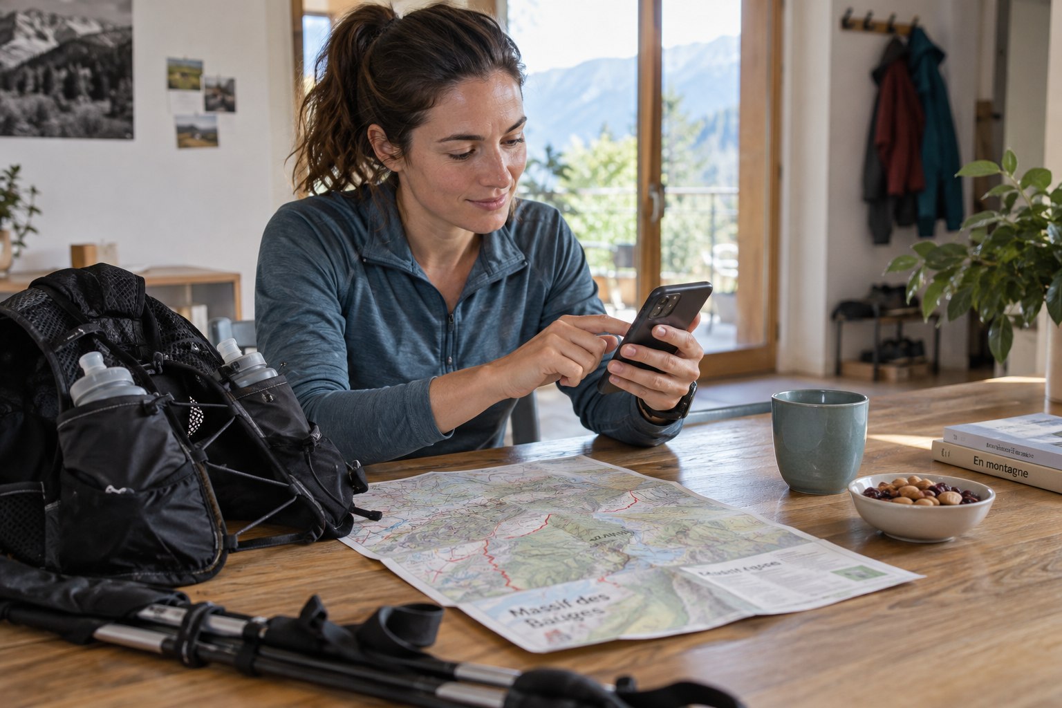 A runner uses a phone beside a pack and route map at home.