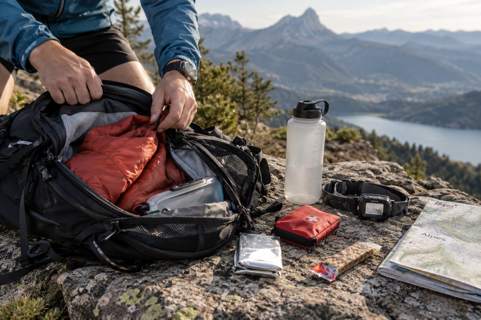 An open trail pack with clothing and emergency equipment.