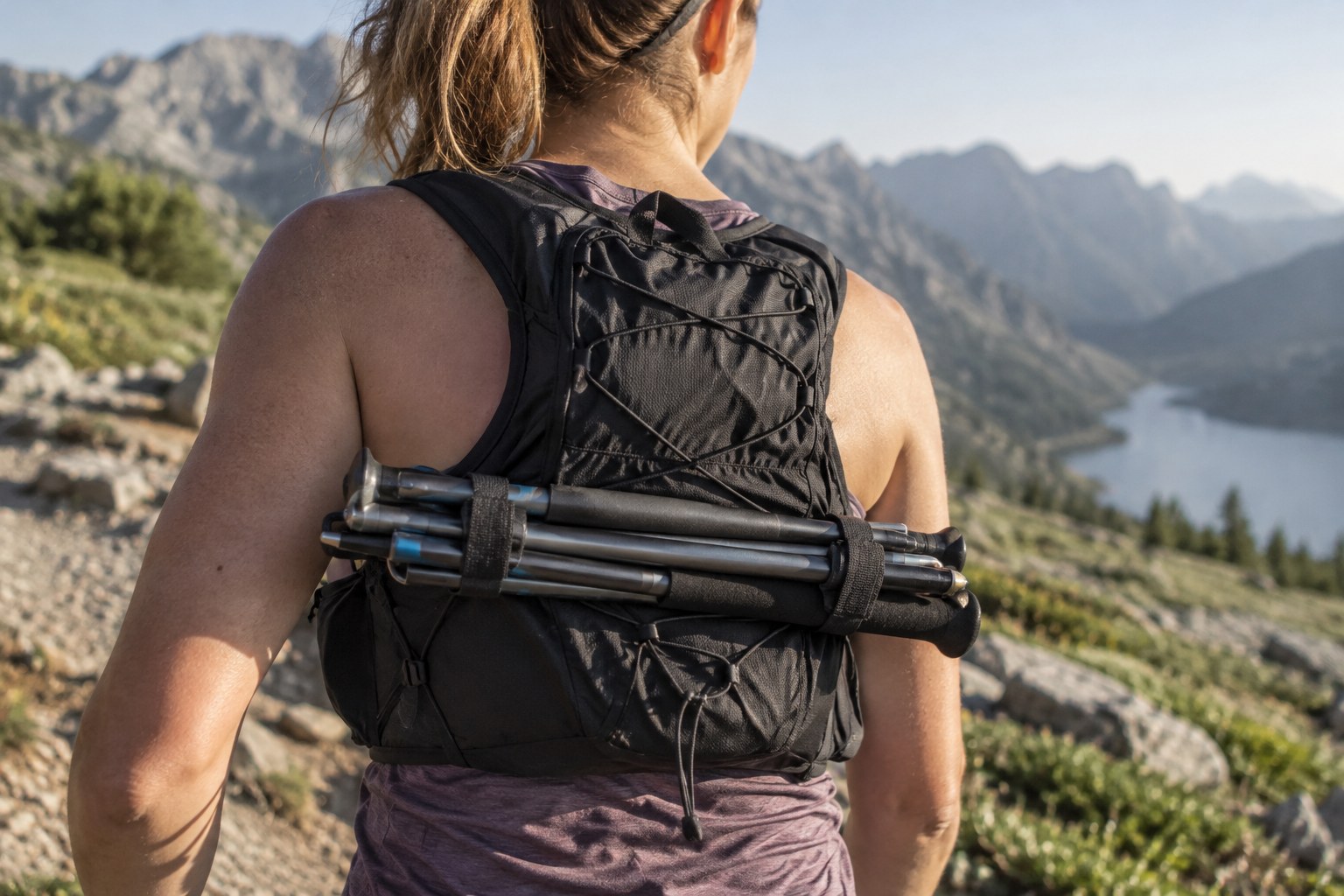 Folded running poles secured against a trail pack.